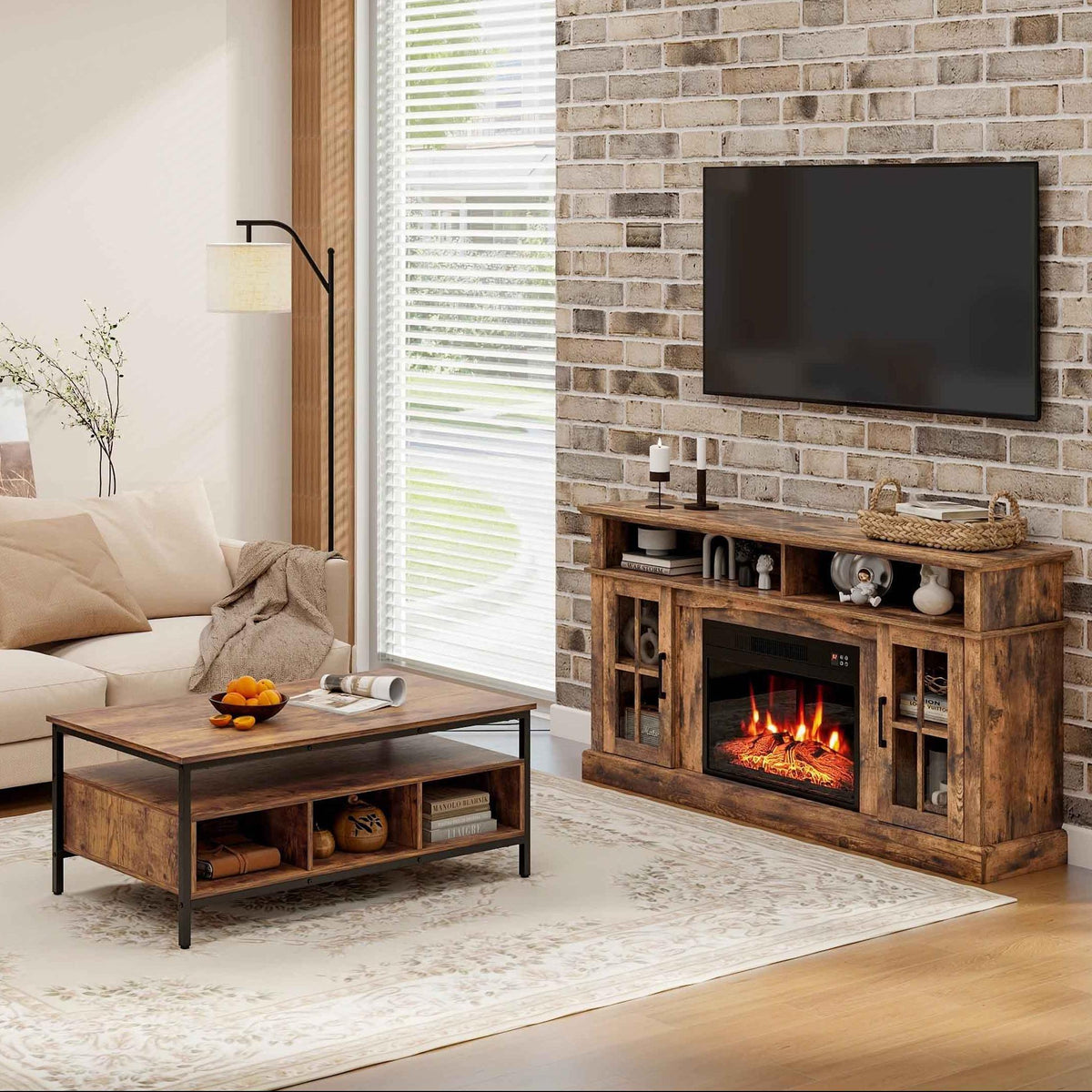 4-Piece Industrial Living Room Set: Fireplace TV Stand + 3-Tier Industrial Style Coffee Table + 71 Inch Freestanding Hall Tree + Adjustable C-shape Sofa Side Table-Living Room Furniture Sets-DECOROLALA