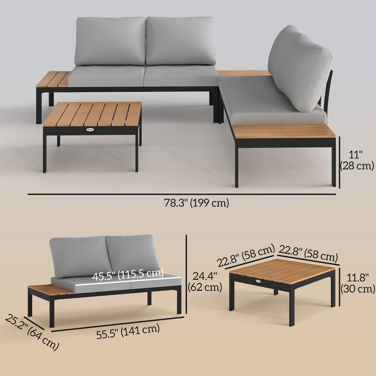 4 Piece L Shaped Garden Furniture Set Teak-Patio Furniture Sets-DECOROLALA