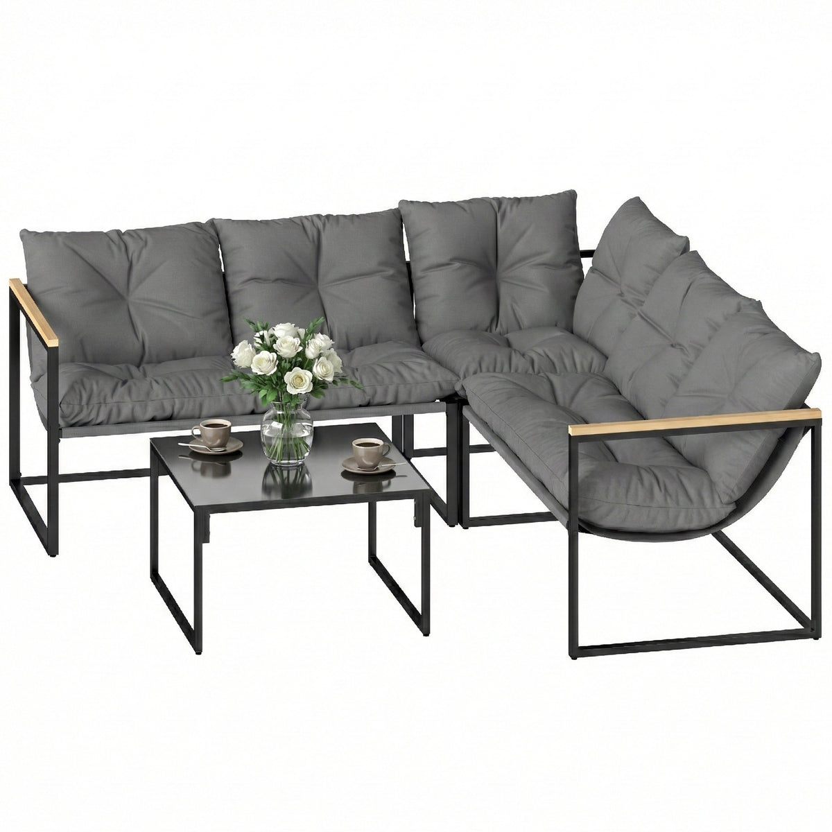 4-Piece L-Shaped Patio Furniture Set - Grey Metal-Patio Furniture Sets-DECOROLALA