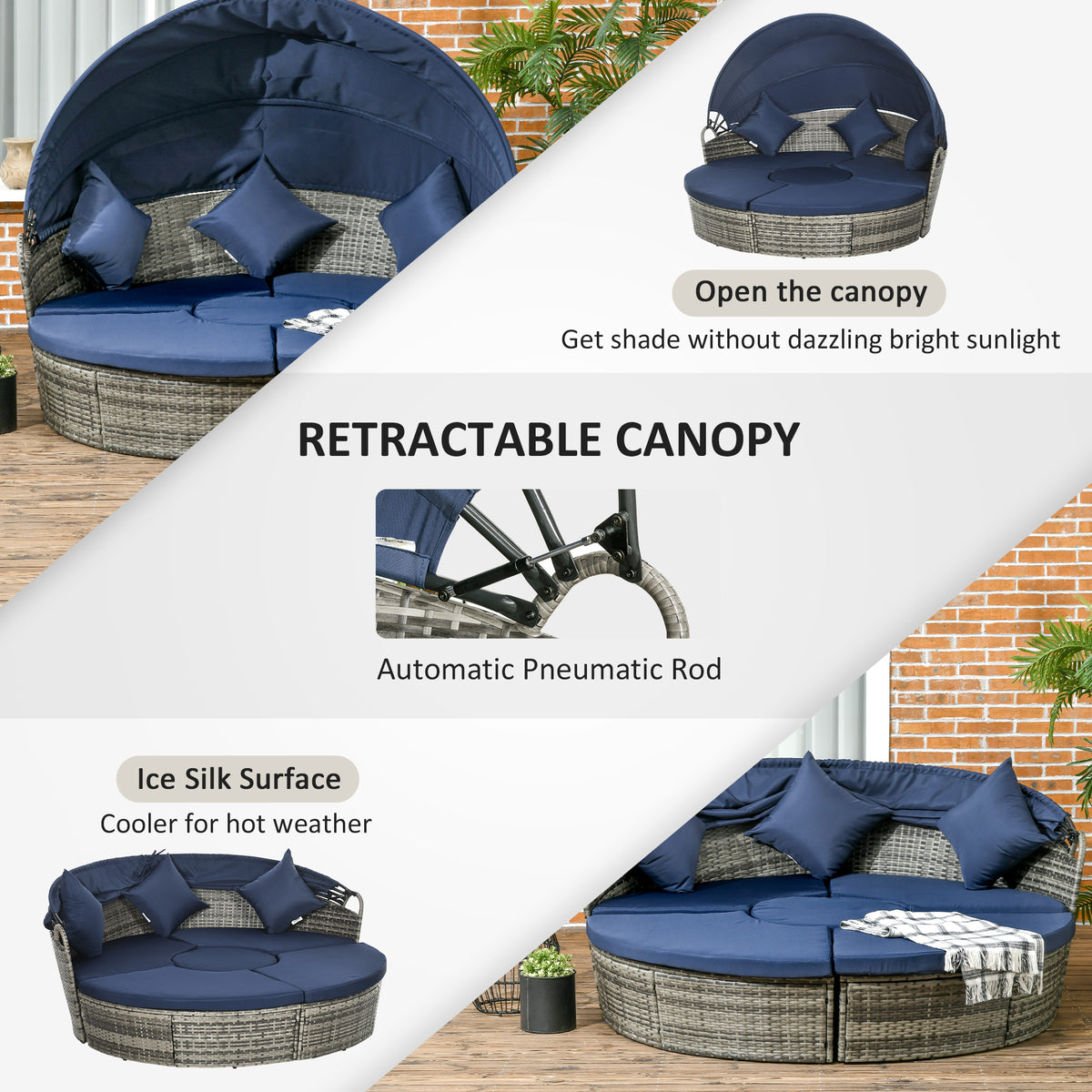 4-Piece Outdoor Daybed Canopy Dark Blue-Outdoor Chaise Lounges-DECOROLALA