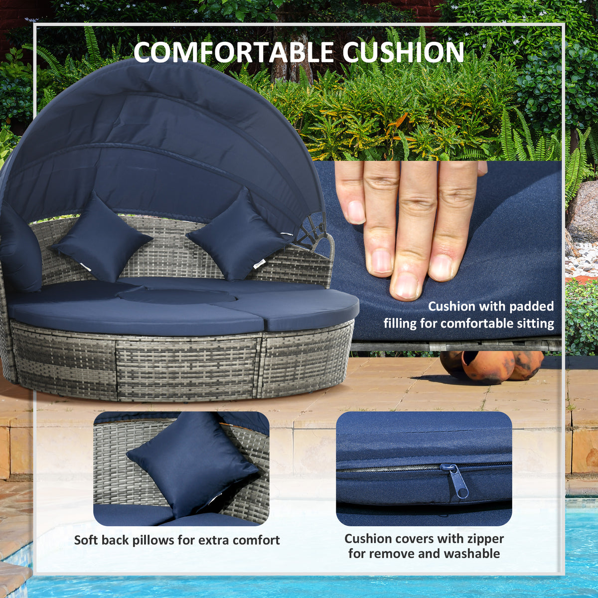 4-Piece Outdoor Daybed Canopy Dark Blue-Outdoor Chaise Lounges-DECOROLALA