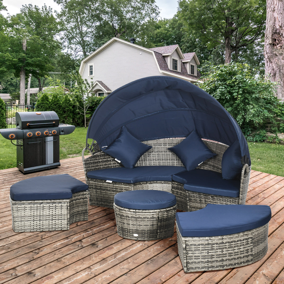 4-Piece Outdoor Daybed Canopy Dark Blue-Outdoor Chaise Lounges-DECOROLALA