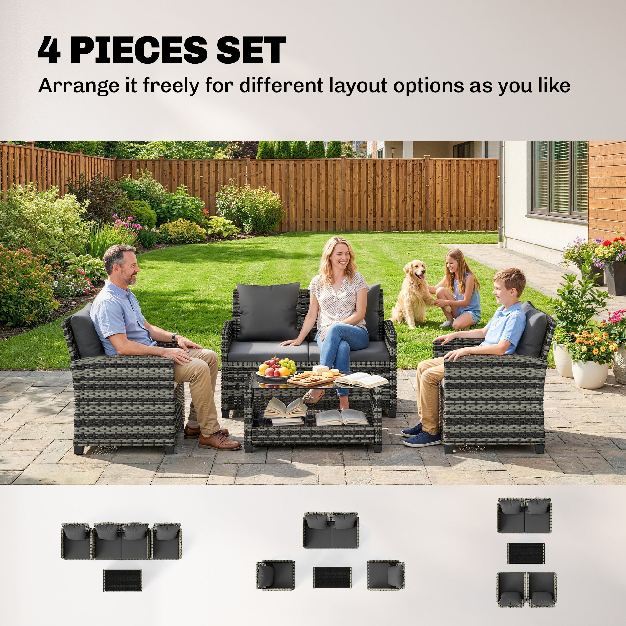 4-Piece Outdoor Wicker Patio Furniture Set - Dark Grey-DECOROLALA