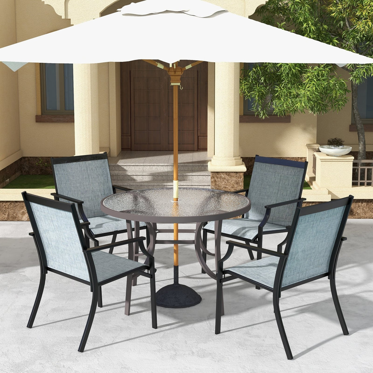 4 Piece Patio Dining Chairs Large Outdoor Chairs with Breathable Seat and Metal Frame-Blue-Patio Dining Chairs-DECOROLALA