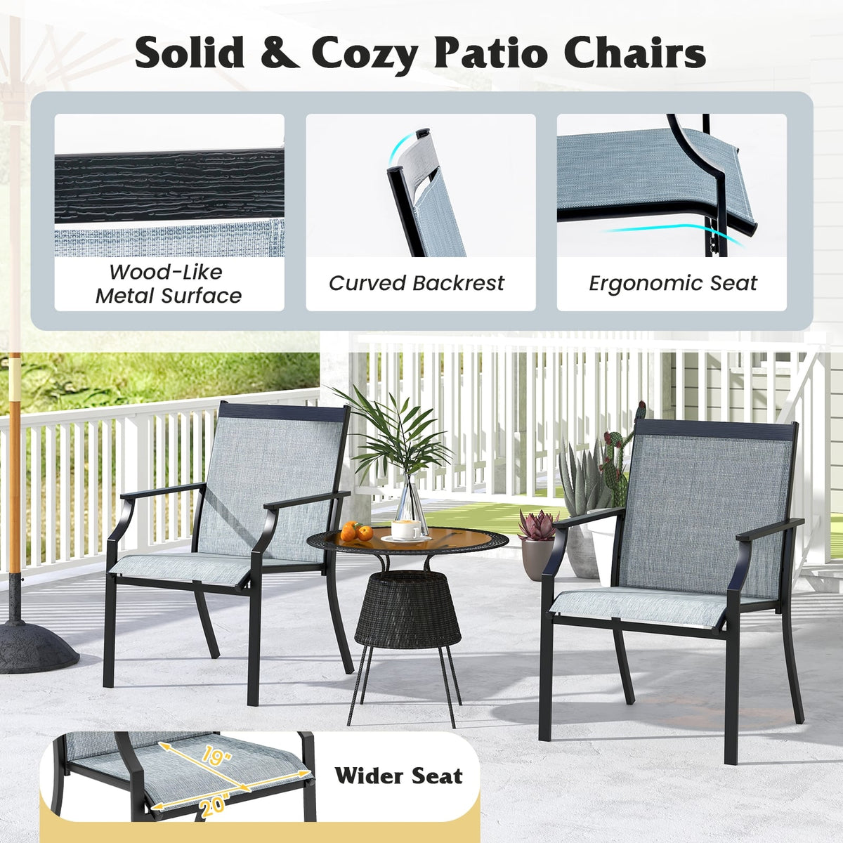 4 Piece Patio Dining Chairs Large Outdoor Chairs with Breathable Seat and Metal Frame-Blue-Patio Dining Chairs-DECOROLALA