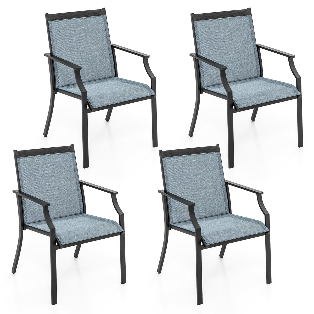 4 Piece Patio Dining Chairs Large Outdoor Chairs with Breathable Seat and Metal Frame-Blue-Patio Dining Chairs-DECOROLALA