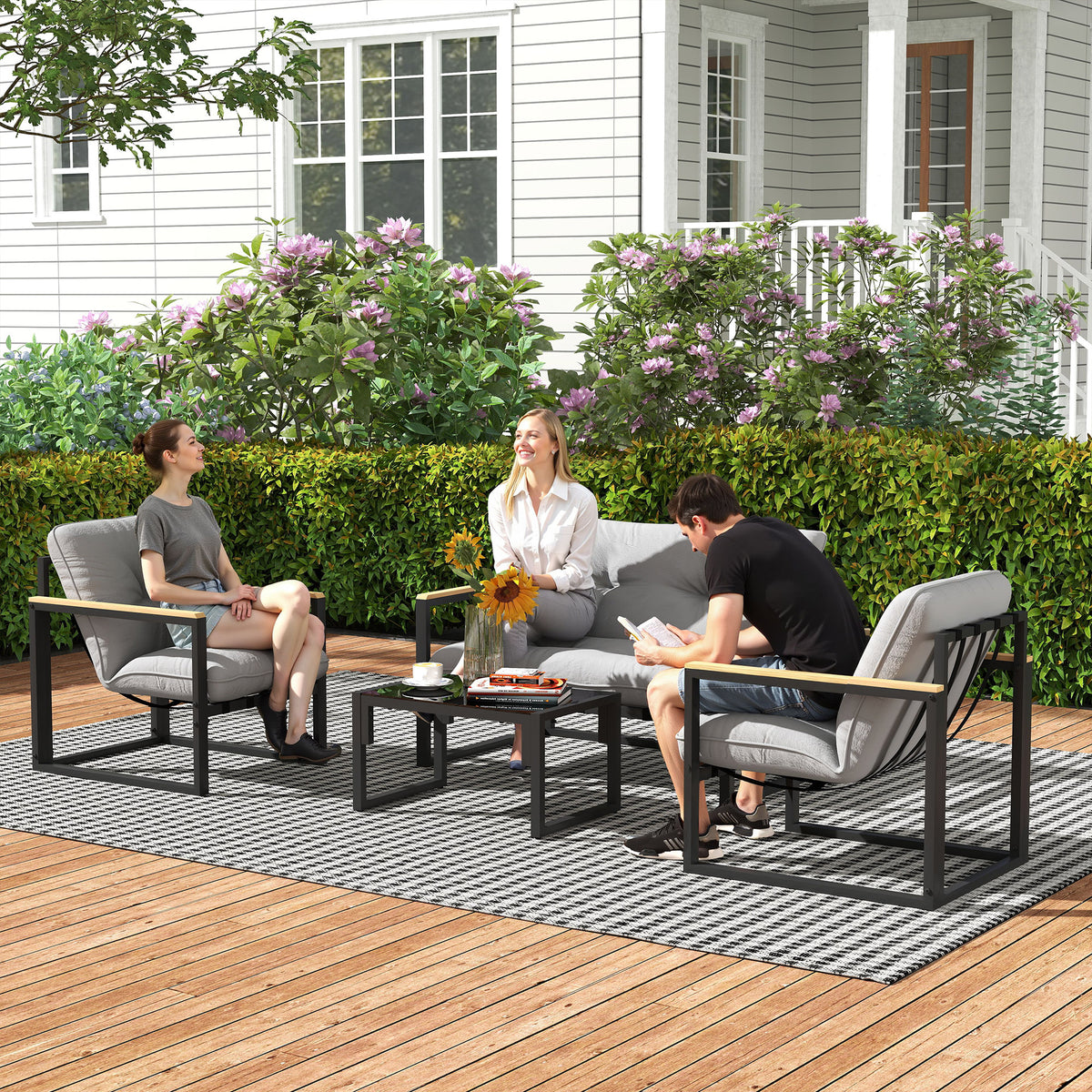 4 Piece Patio Furniture Set - Light Grey-Patio Furniture Sets-DECOROLALA