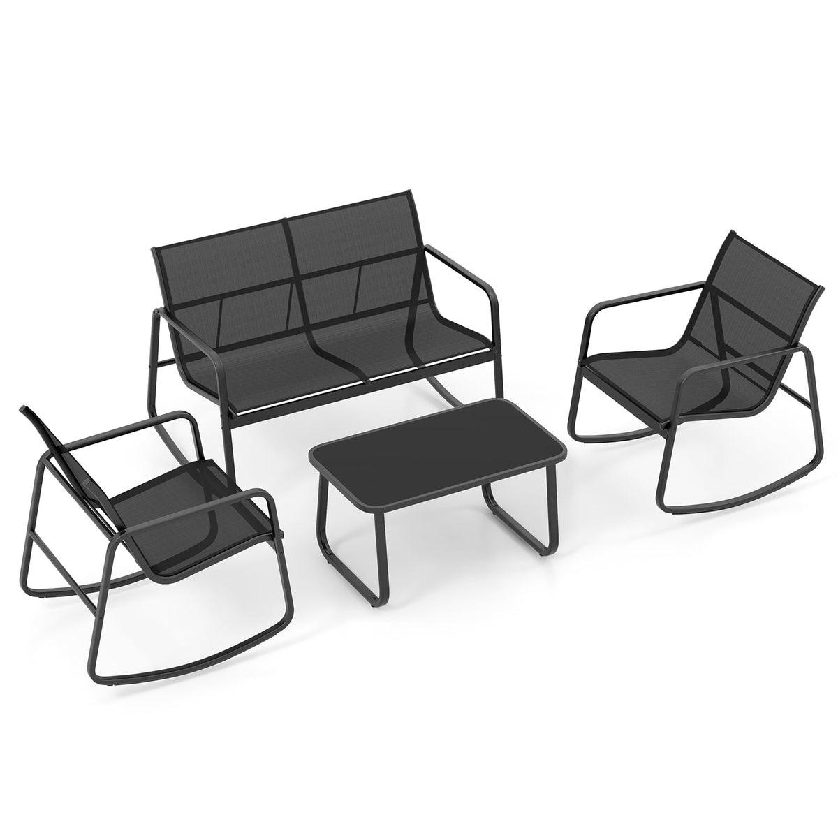 4 Piece Patio Rocking Set with Glass-Top Table-Black-Patio Conversation Sets-DECOROLALA