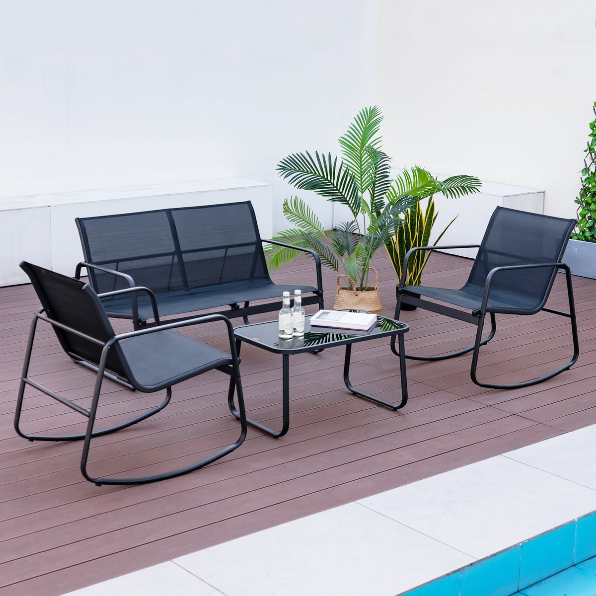 4 Piece Patio Rocking Set with Glass-Top Table-Black-Patio Conversation Sets-DECOROLALA