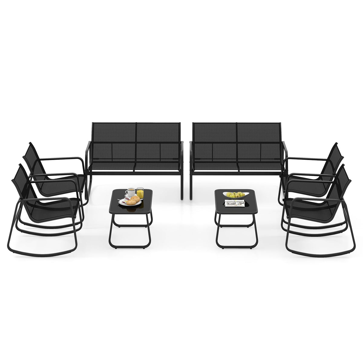 4 Piece Patio Rocking Set with Glass-Top Table-Black-Patio Conversation Sets-DECOROLALA