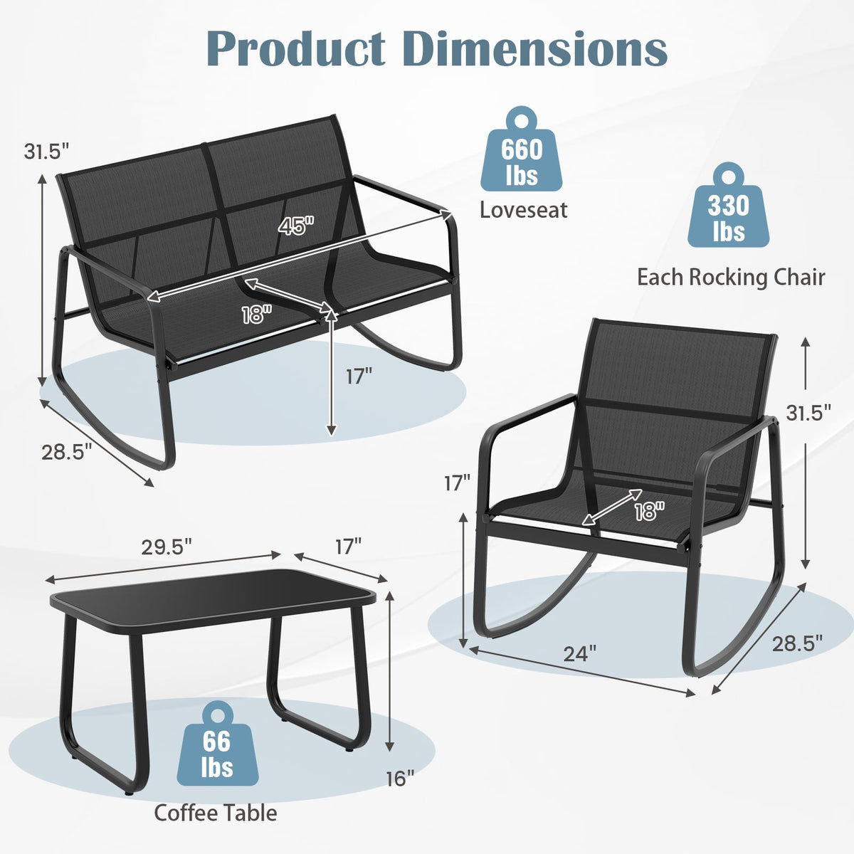 4 Piece Patio Rocking Set with Glass-Top Table-Black-Patio Conversation Sets-DECOROLALA