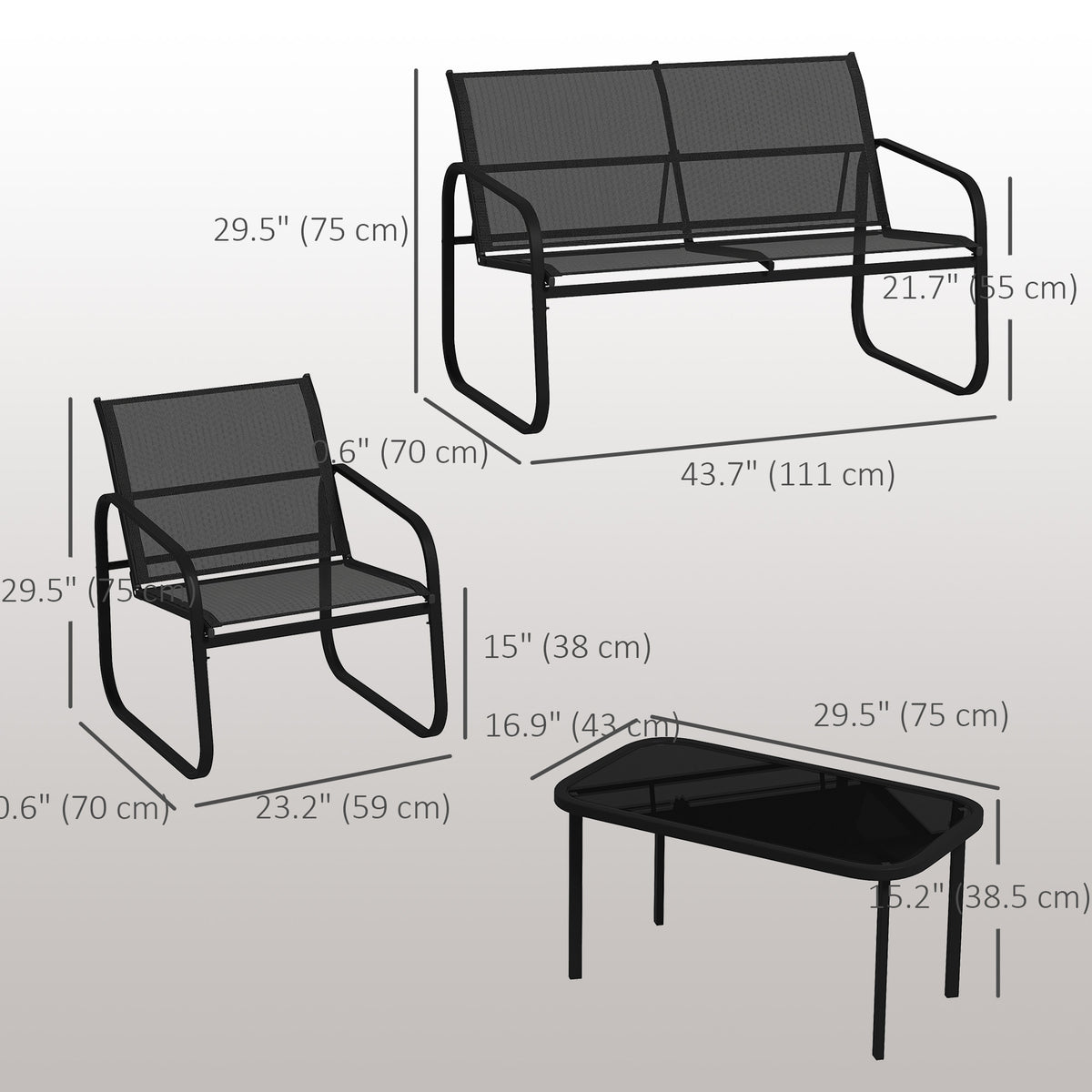 4-Piece Patio Set - 2 Loveseats, 2 Armchairs, Black-Patio Furniture Sets-DECOROLALA