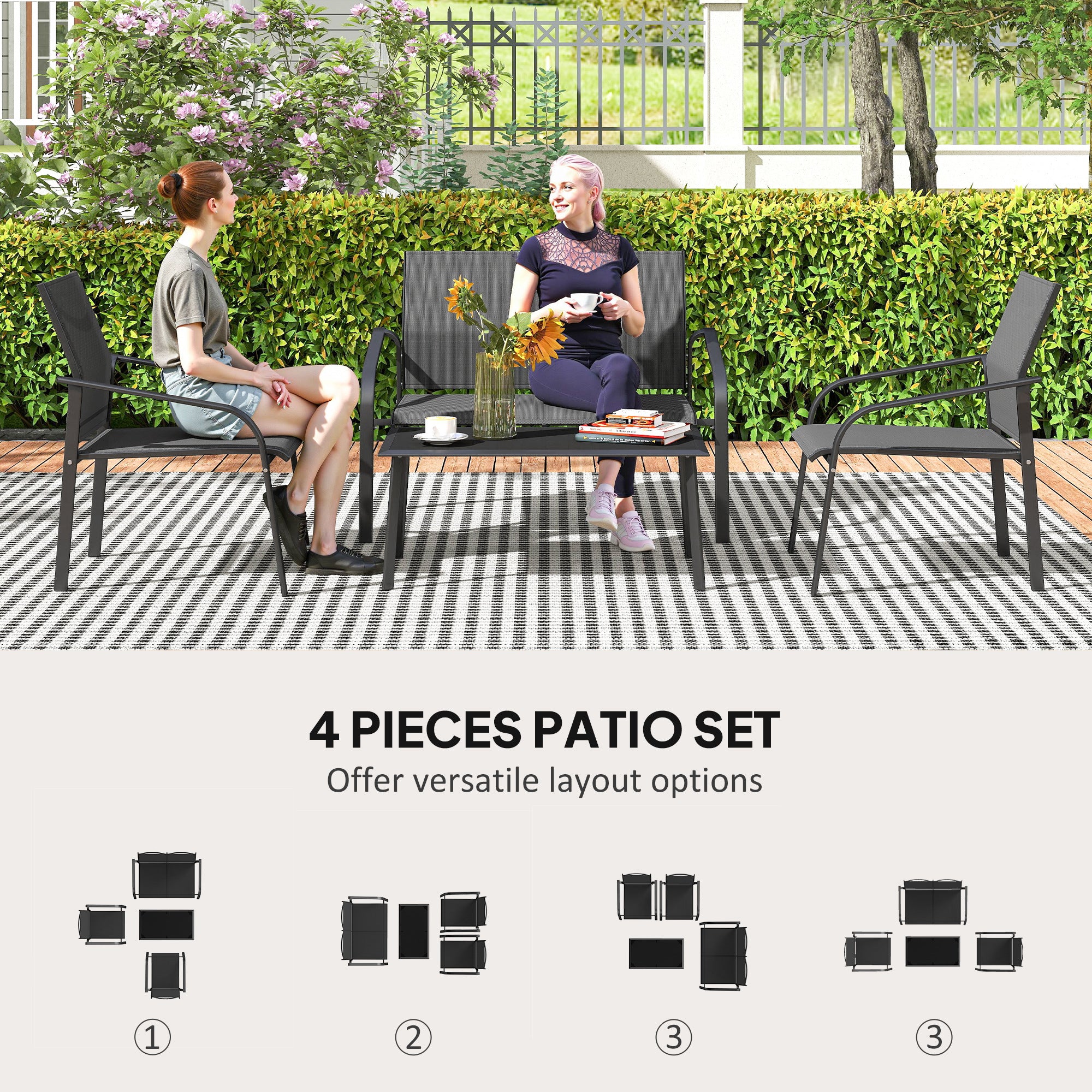 4-Piece Patio Set, Black, Outdoor Furniture with Deep Seats, Weatherproof-DECOROLALA