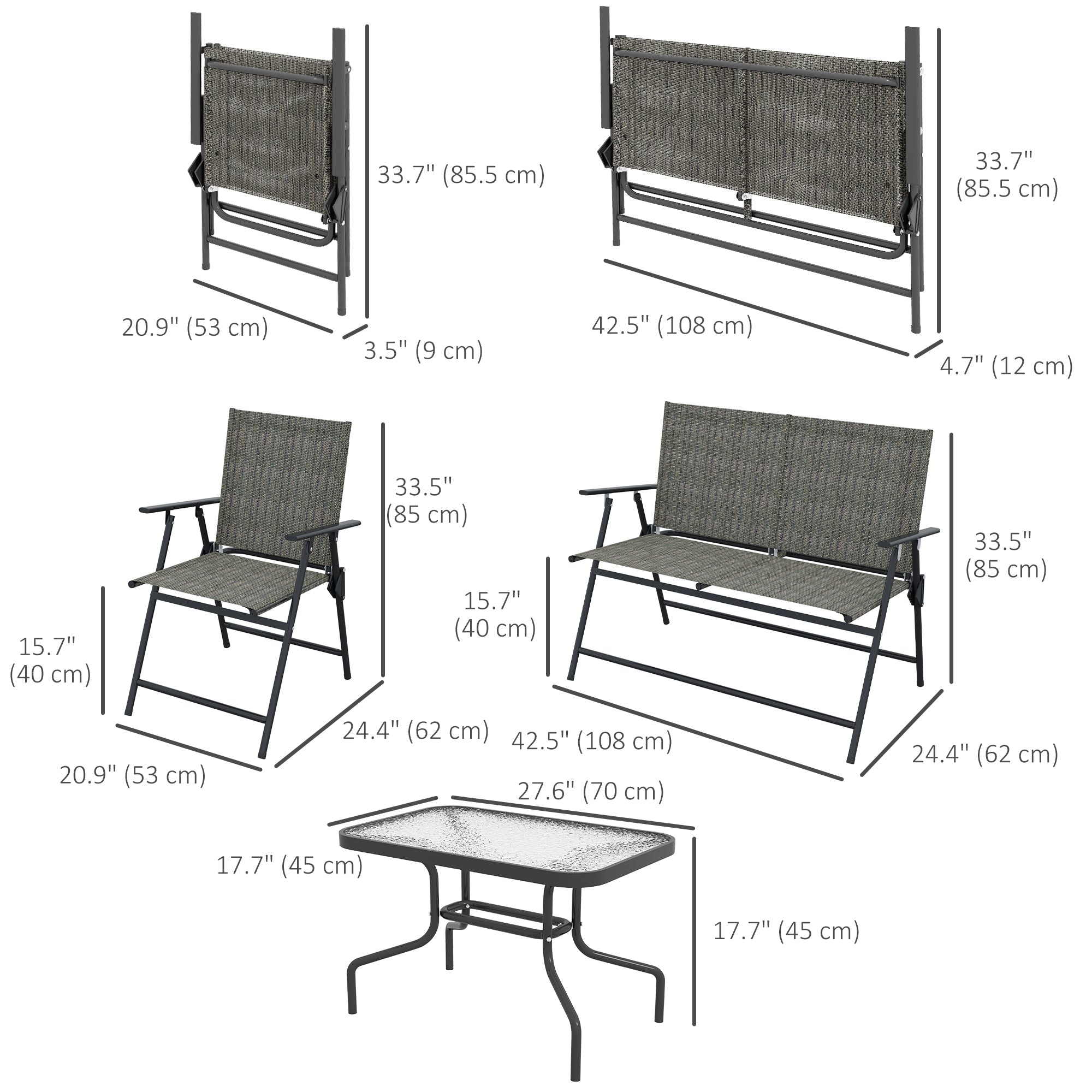 4-Piece Patio Set - Foldable Chairs, Loveseat & Glass Table, Mixed Brown-DECOROLALA