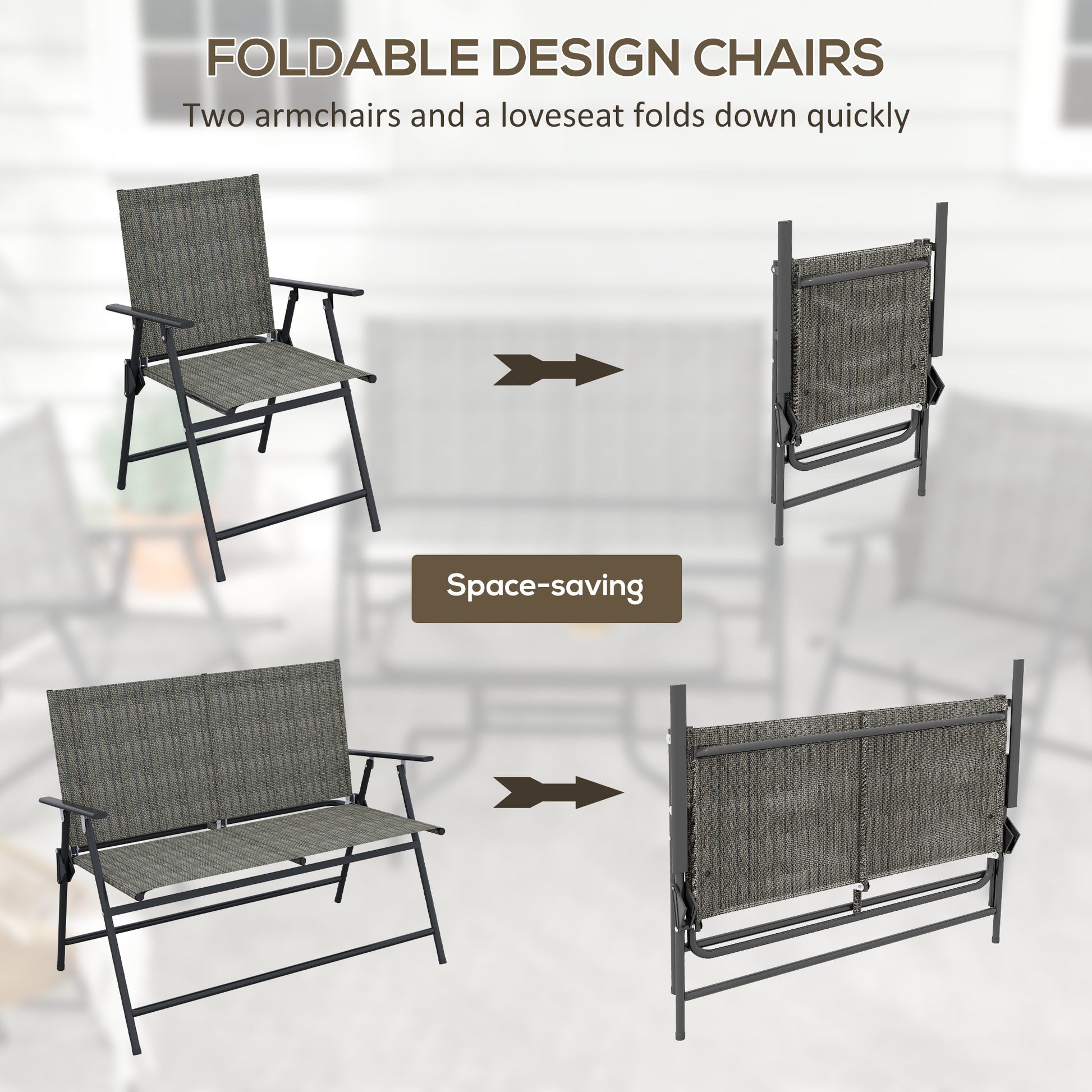 4-Piece Patio Set - Foldable Chairs, Loveseat & Glass Table, Mixed Brown-DECOROLALA