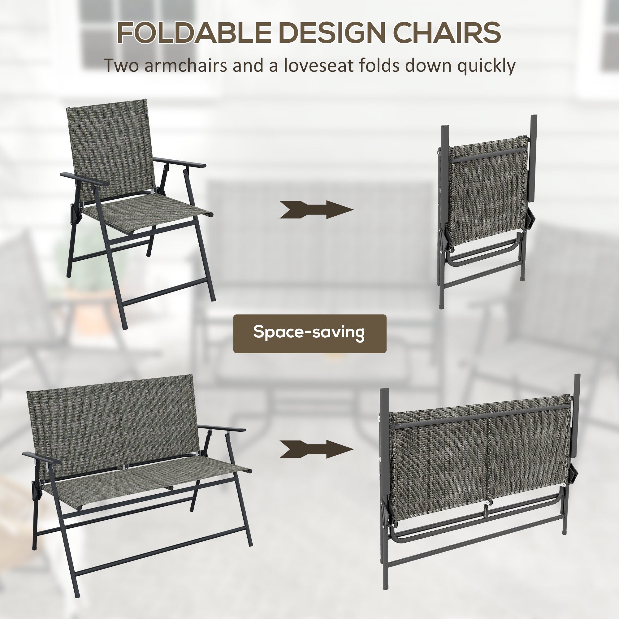 4-Piece Patio Set - Foldable Chairs, Loveseat & Glass Table, Mixed Brown-DECOROLALA
