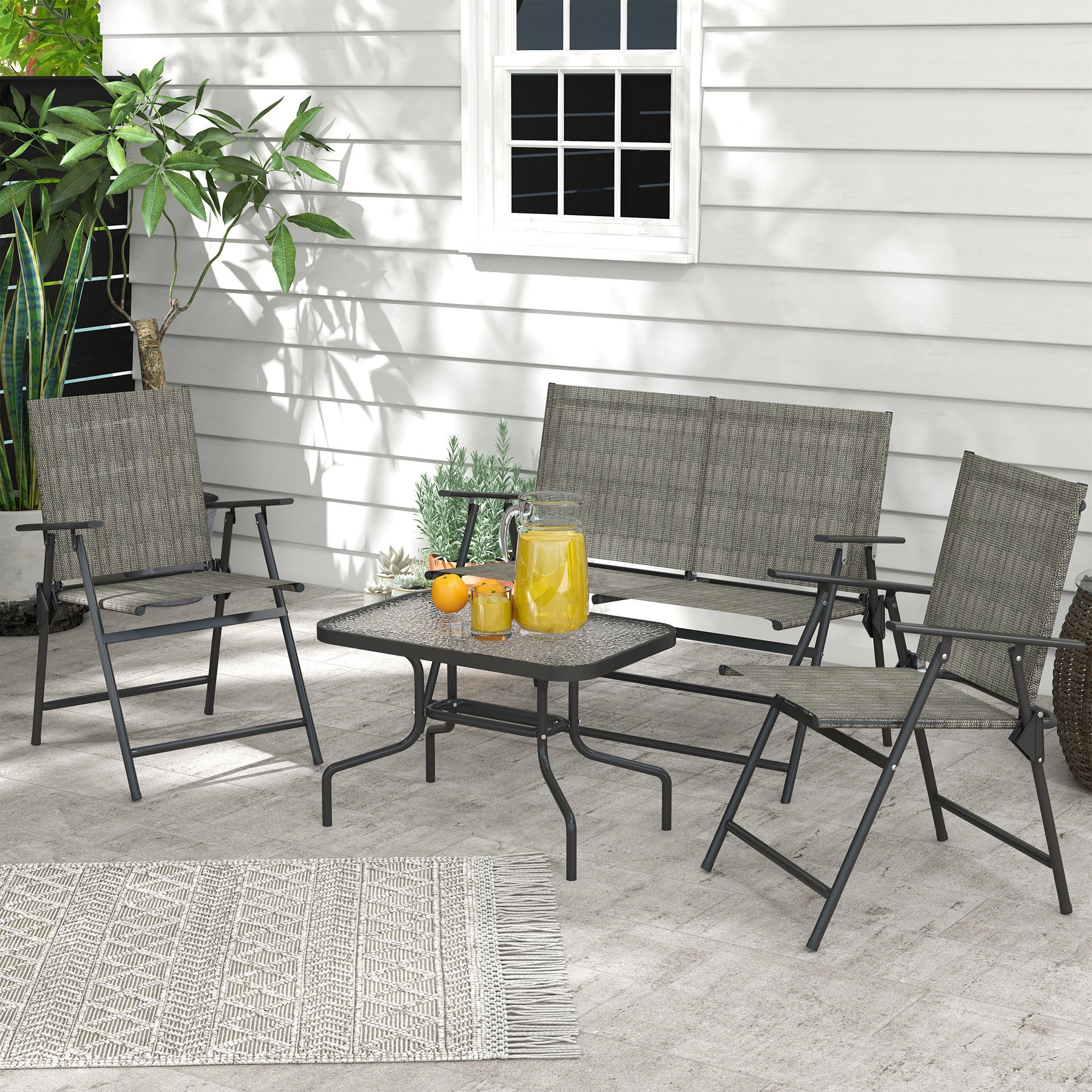 4-Piece Patio Set - Foldable Chairs, Loveseat & Glass Table, Mixed Brown-DECOROLALA