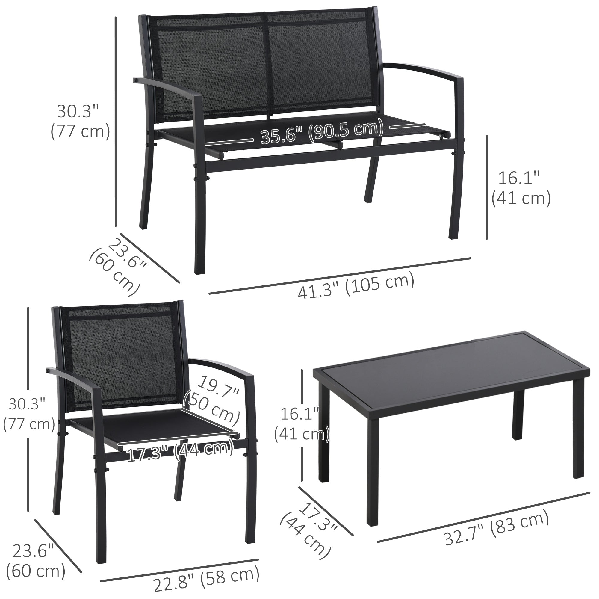 4-Piece Patio Set Glass Top Coffee Table Black-DECOROLALA