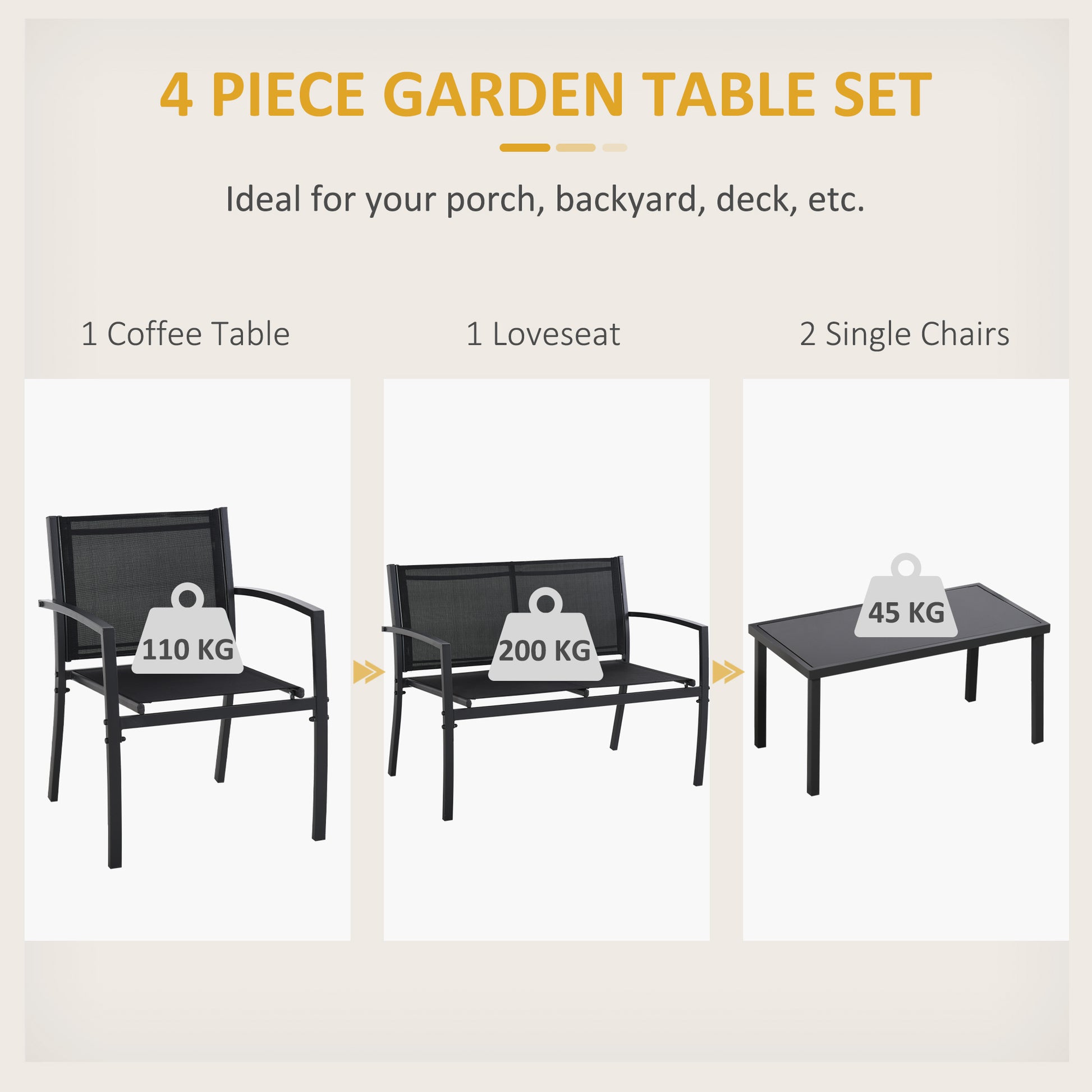 4-Piece Patio Set Glass Top Coffee Table Black-DECOROLALA