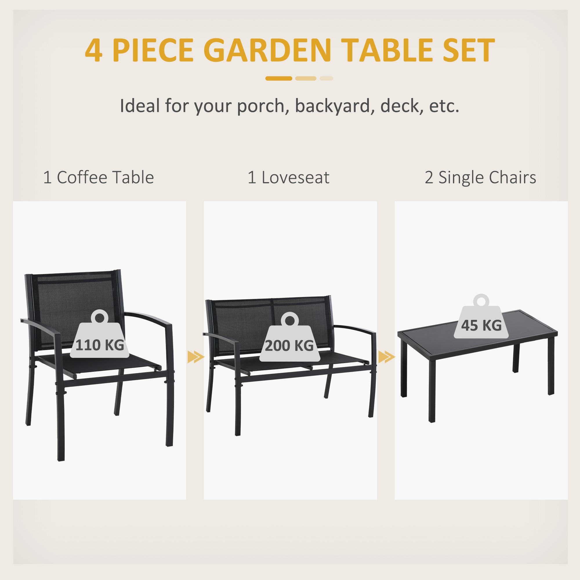 4-Piece Patio Set Glass Top Coffee Table Black-DECOROLALA