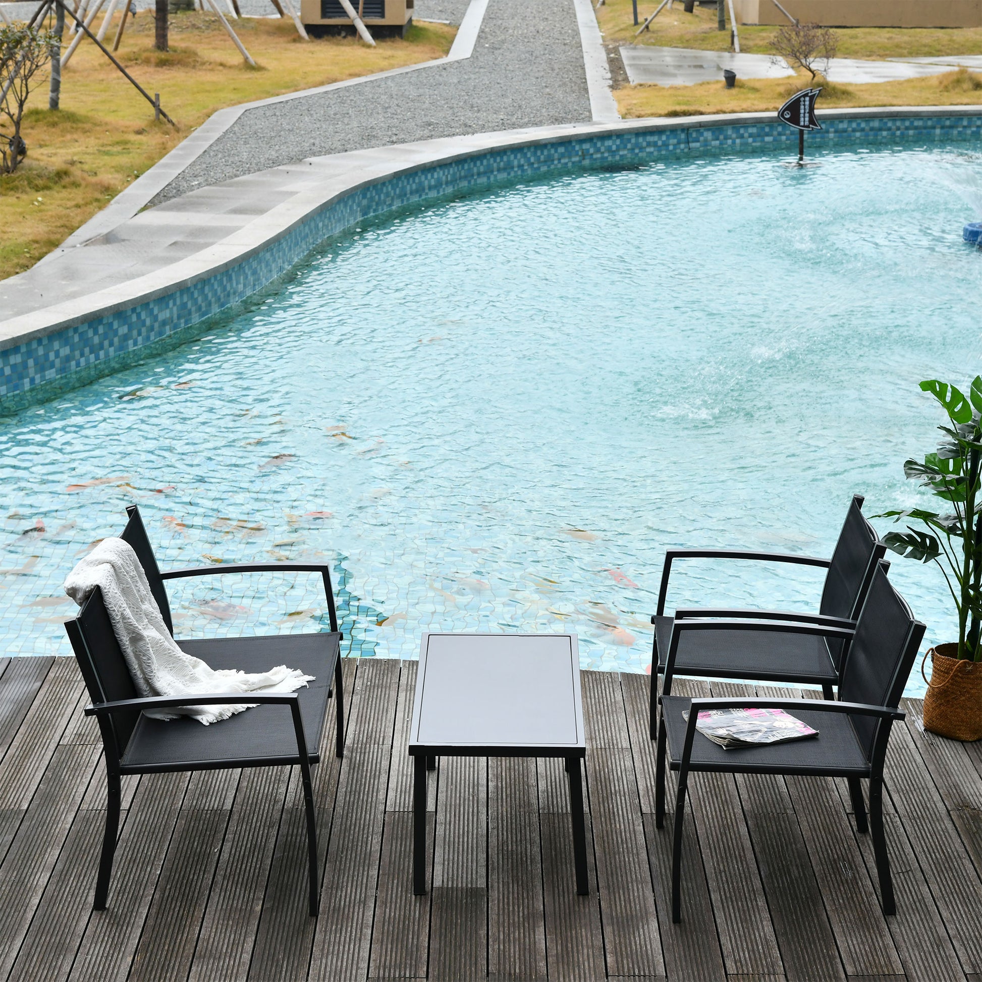 4-Piece Patio Set Glass Top Coffee Table Black-DECOROLALA