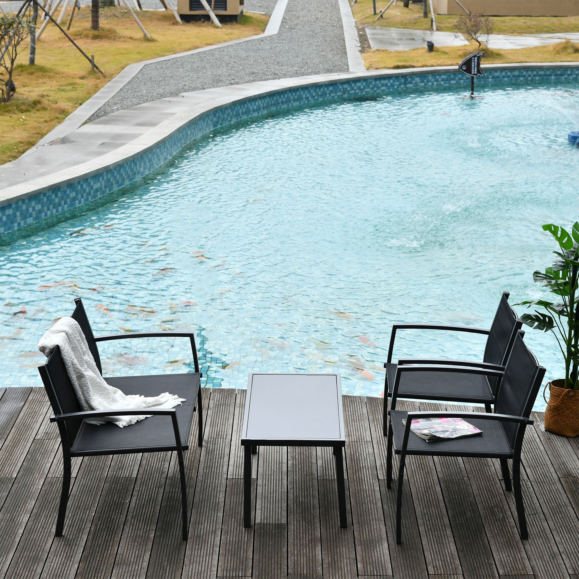 4-Piece Patio Set Glass Top Coffee Table Black-DECOROLALA