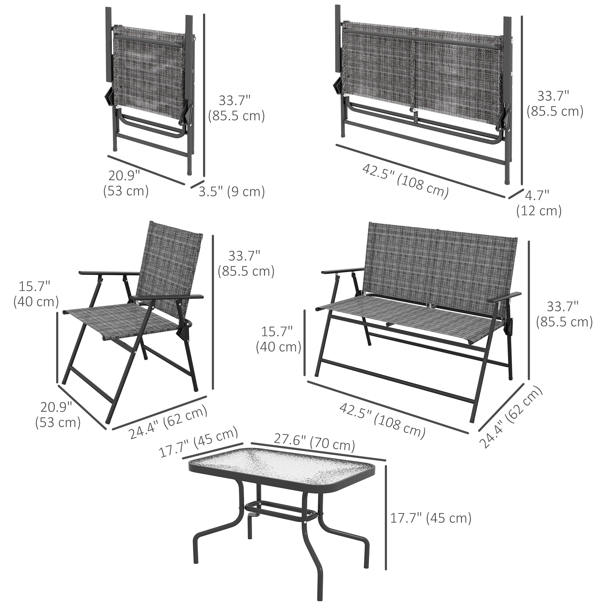 4-Piece Patio Set, Grey, Steel, Foldable, Garden Furniture-DECOROLALA