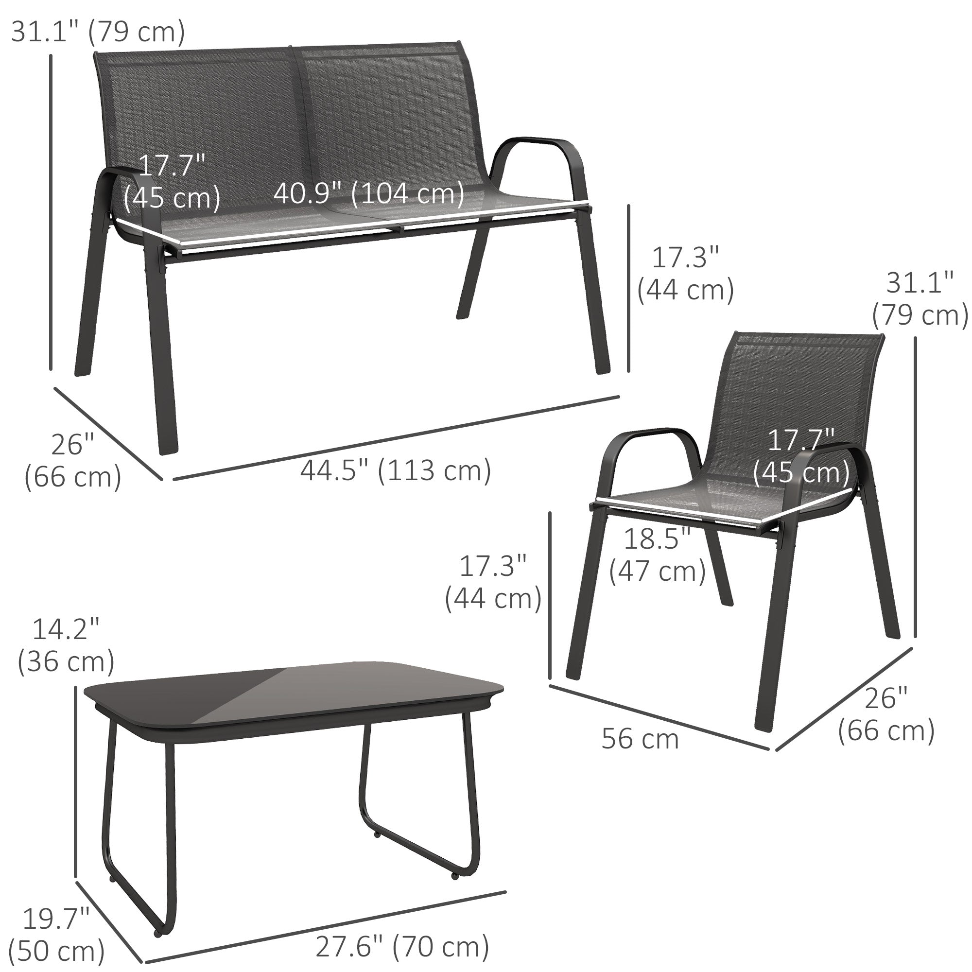4 Piece Patio Set - Loveseat, 2 Chairs, Glass Table-DECOROLALA