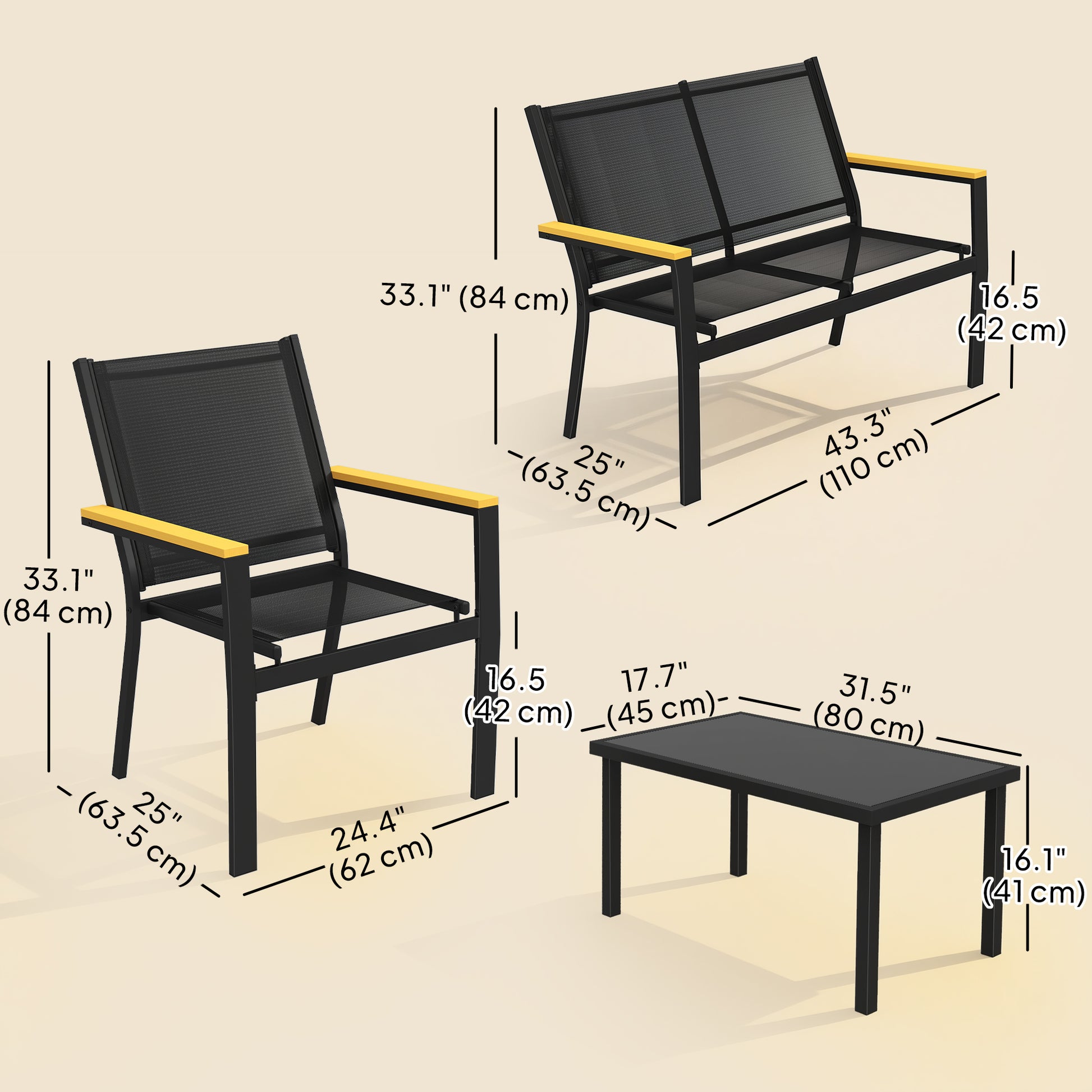 4 Piece Patio Set - Loveseat, 2 Chairs, Table Black-DECOROLALA