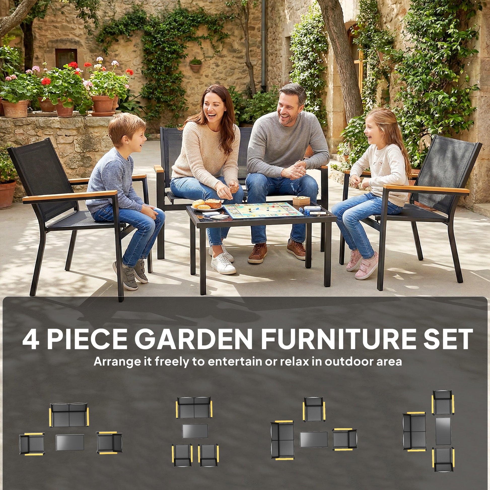 4 Piece Patio Set - Loveseat, 2 Chairs, Table Black-DECOROLALA
