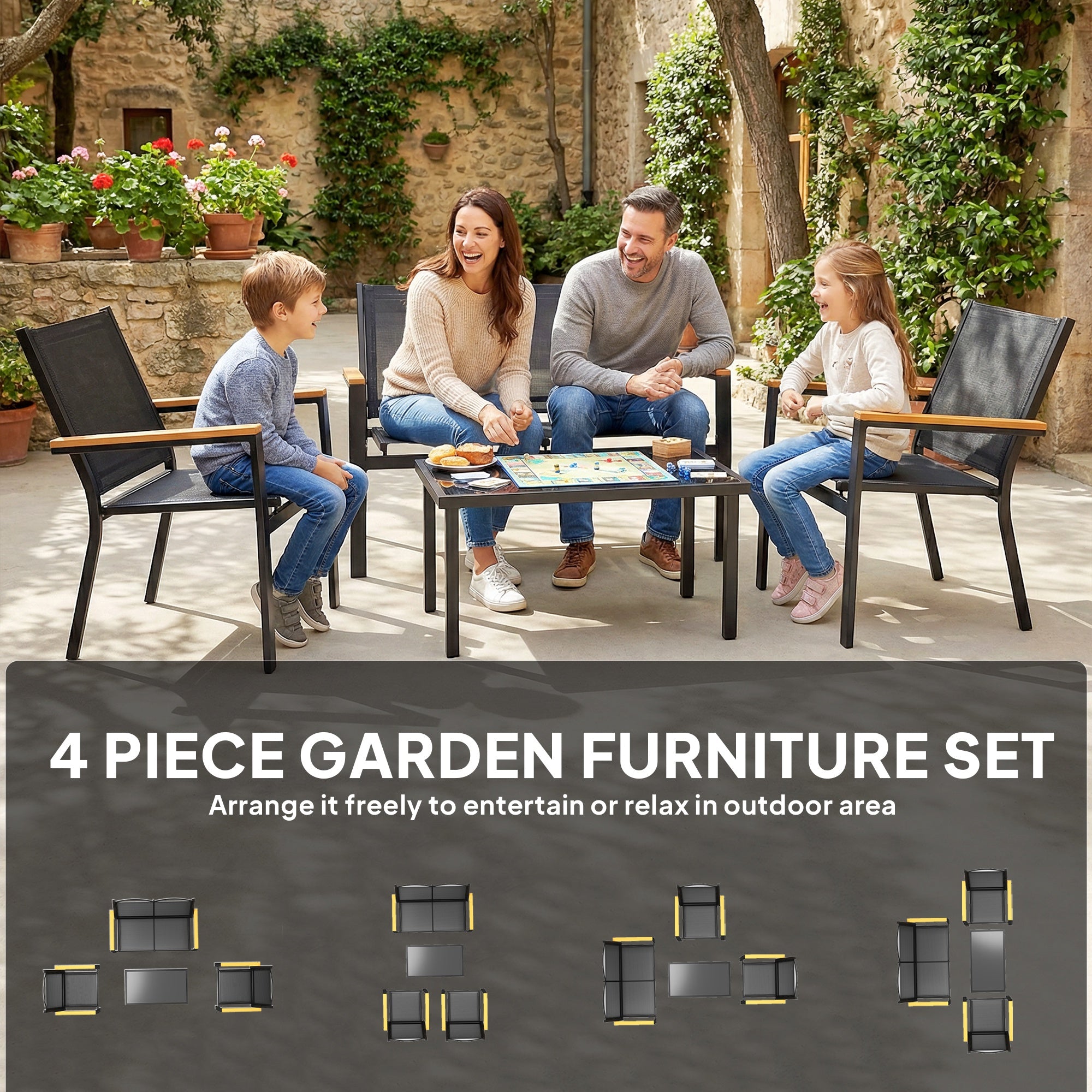 4 Piece Patio Set - Loveseat, 2 Chairs, Table Black-DECOROLALA