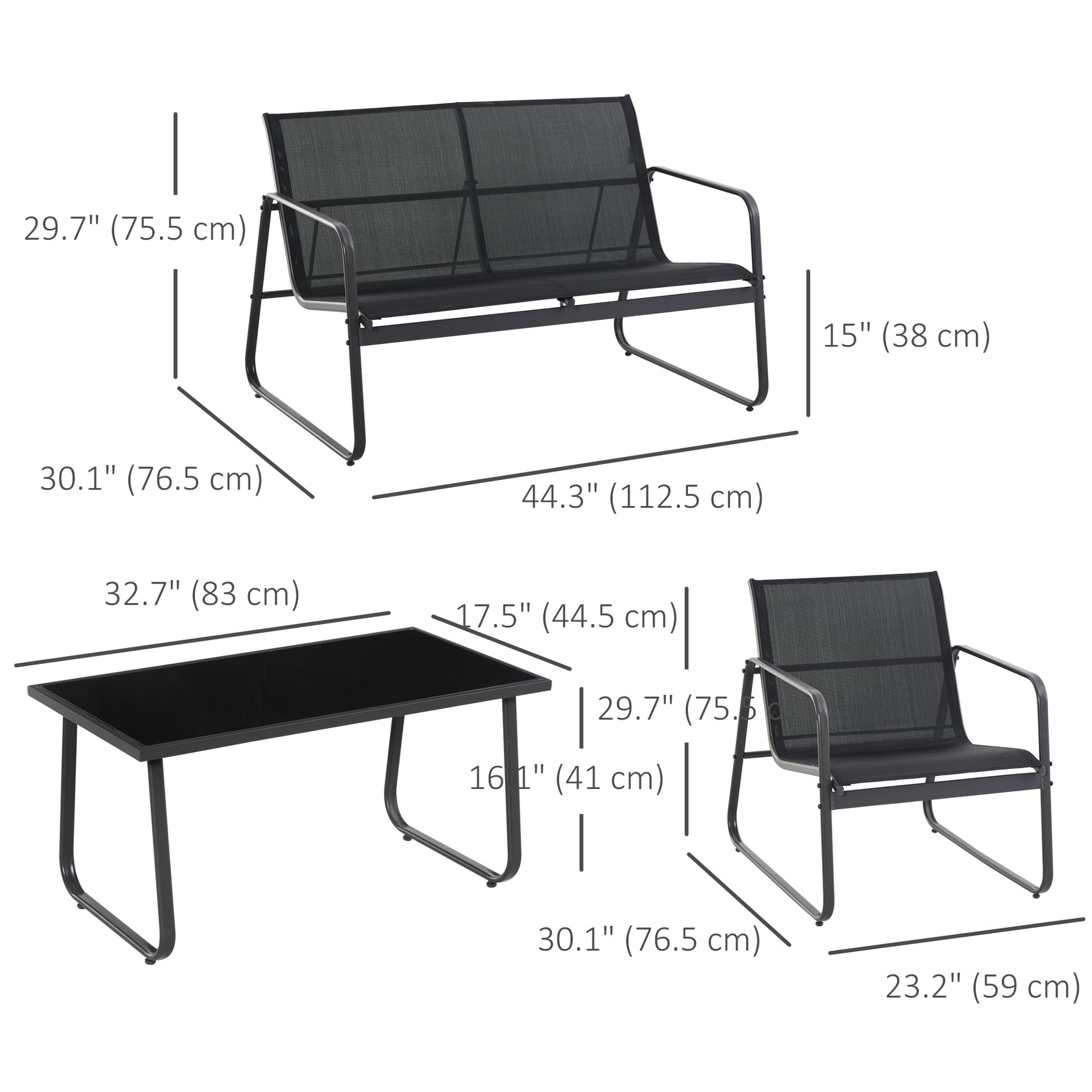 4 Piece Patio Set Loveseat Sofa 2 Armchairs Black-DECOROLALA