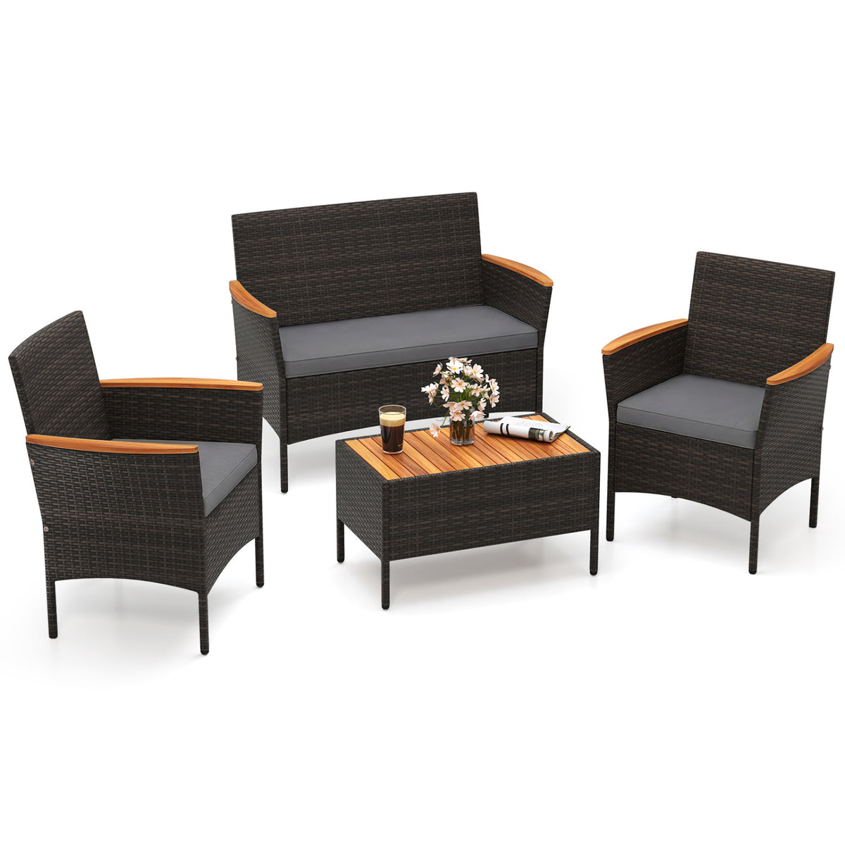 4 Piece Patio Wicker Sofa Set 2 Rattan Chairs and Loveseat with Table-Grey-Patio Conversation Sets-DECOROLALA