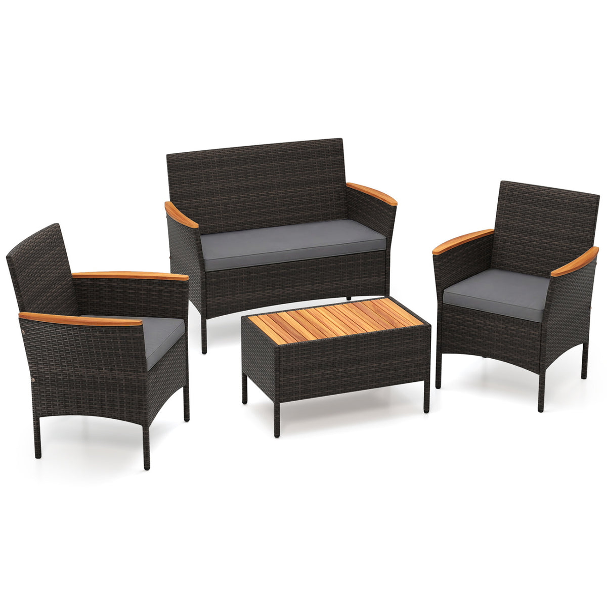 4 Piece Patio Wicker Sofa Set 2 Rattan Chairs and Loveseat with Table-Grey-Patio Conversation Sets-DECOROLALA