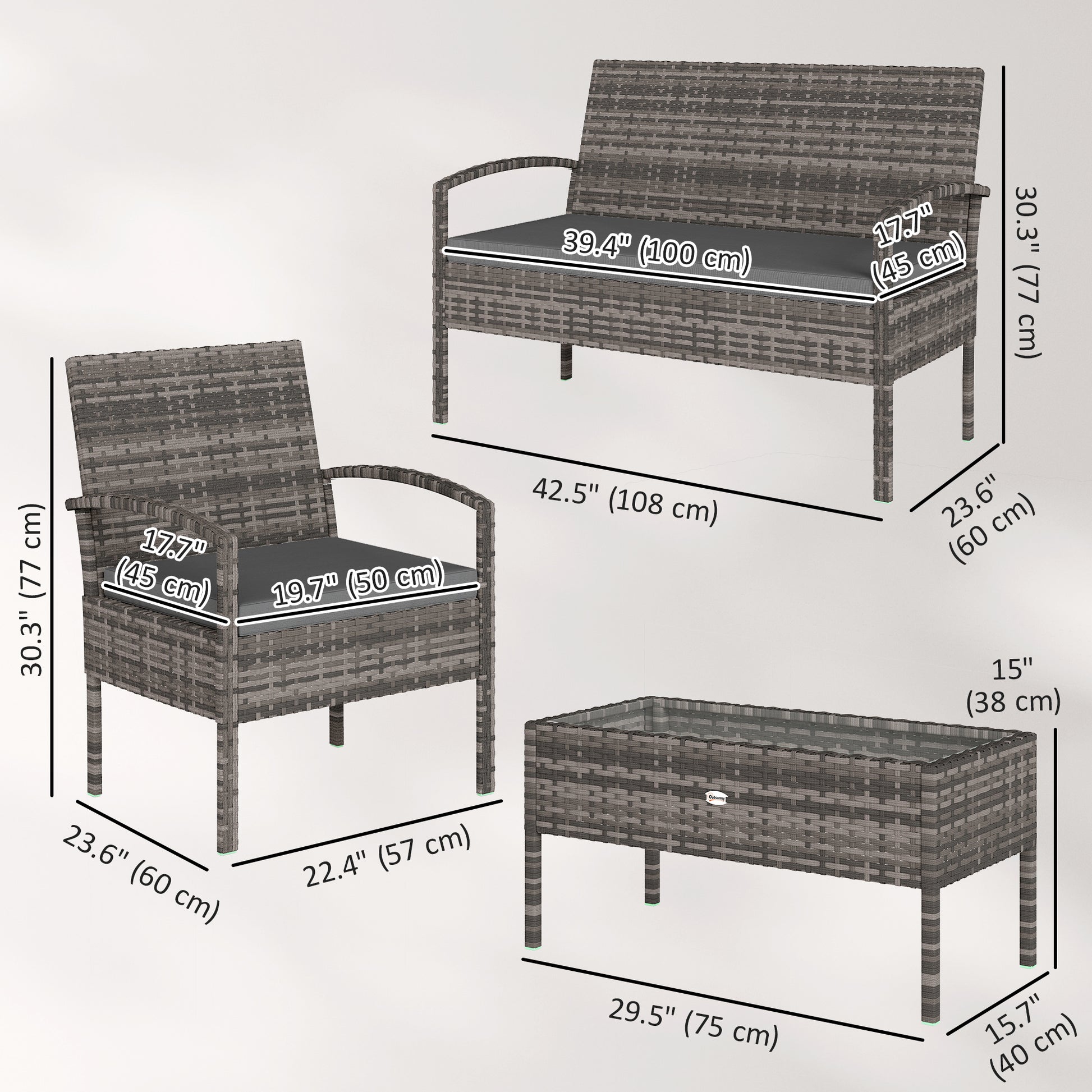 4-Piece Rattan Patio Furniture Set - Dark Grey Wicker-DECOROLALA