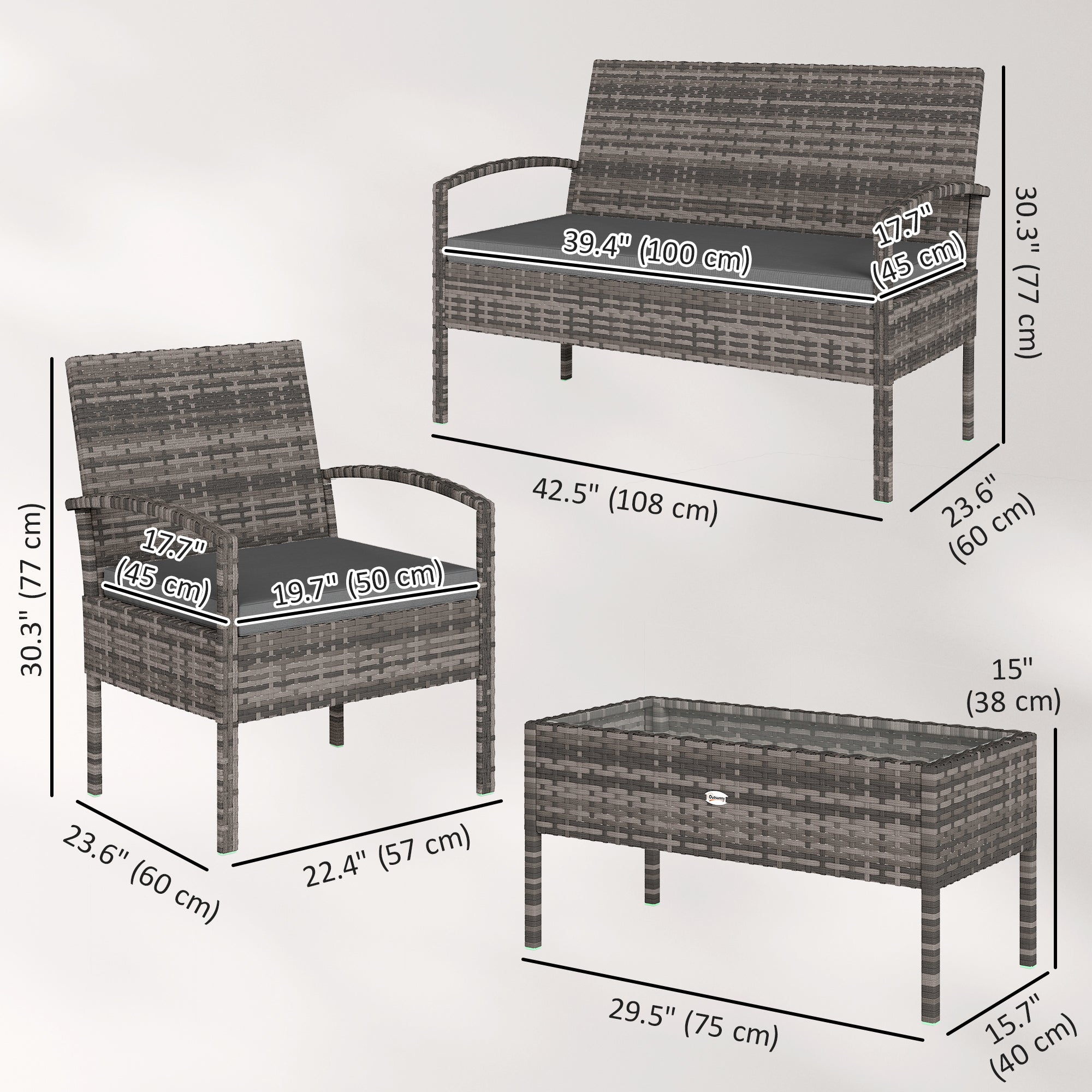 4-Piece Rattan Patio Furniture Set - Dark Grey Wicker-DECOROLALA