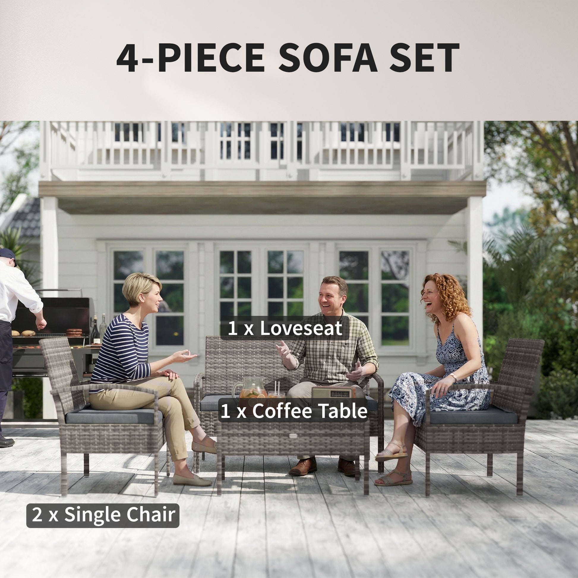 4-Piece Rattan Patio Furniture Set - Dark Grey Wicker-DECOROLALA