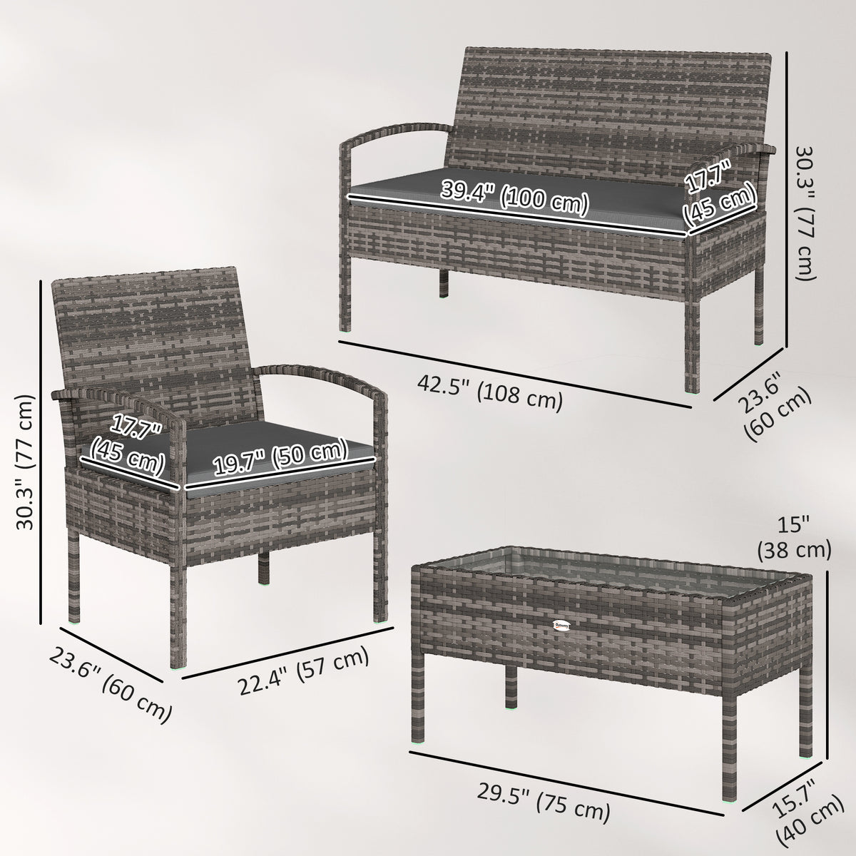 4-Piece Rattan Patio Furniture Set - Dark Grey Wicker-DECOROLALA