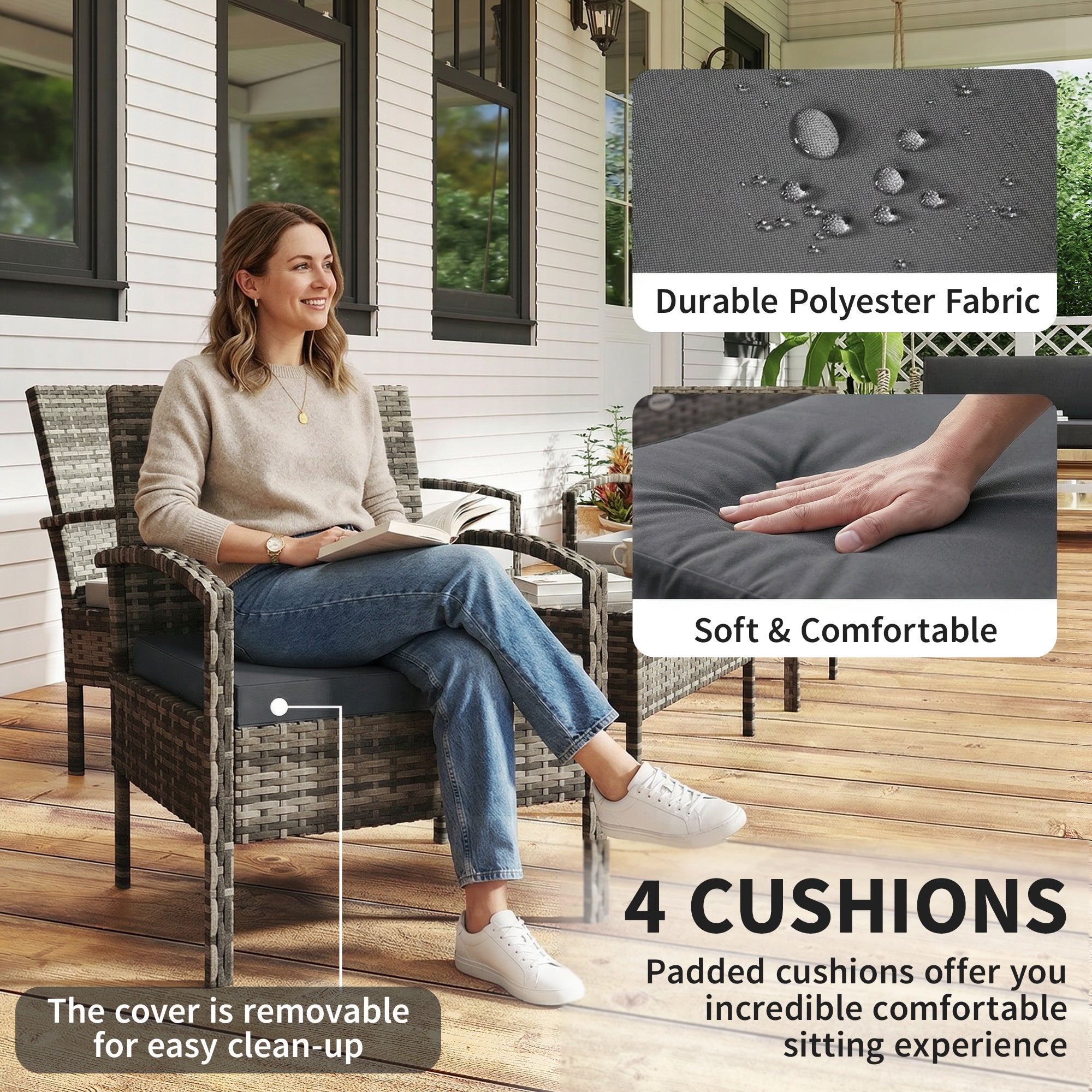 4-Piece Rattan Patio Furniture Set - Dark Grey Wicker-DECOROLALA