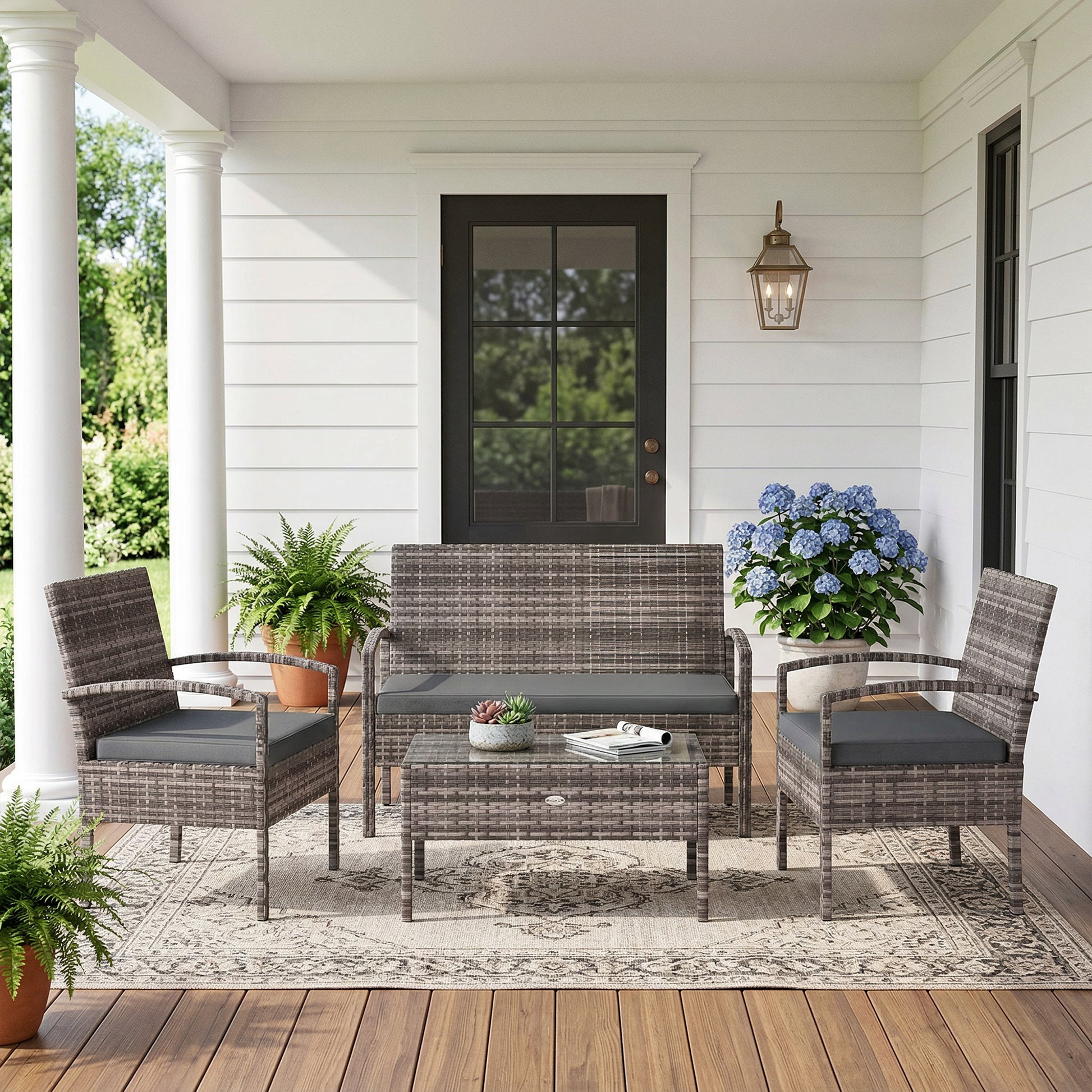 4-Piece Rattan Patio Furniture Set - Dark Grey Wicker-DECOROLALA