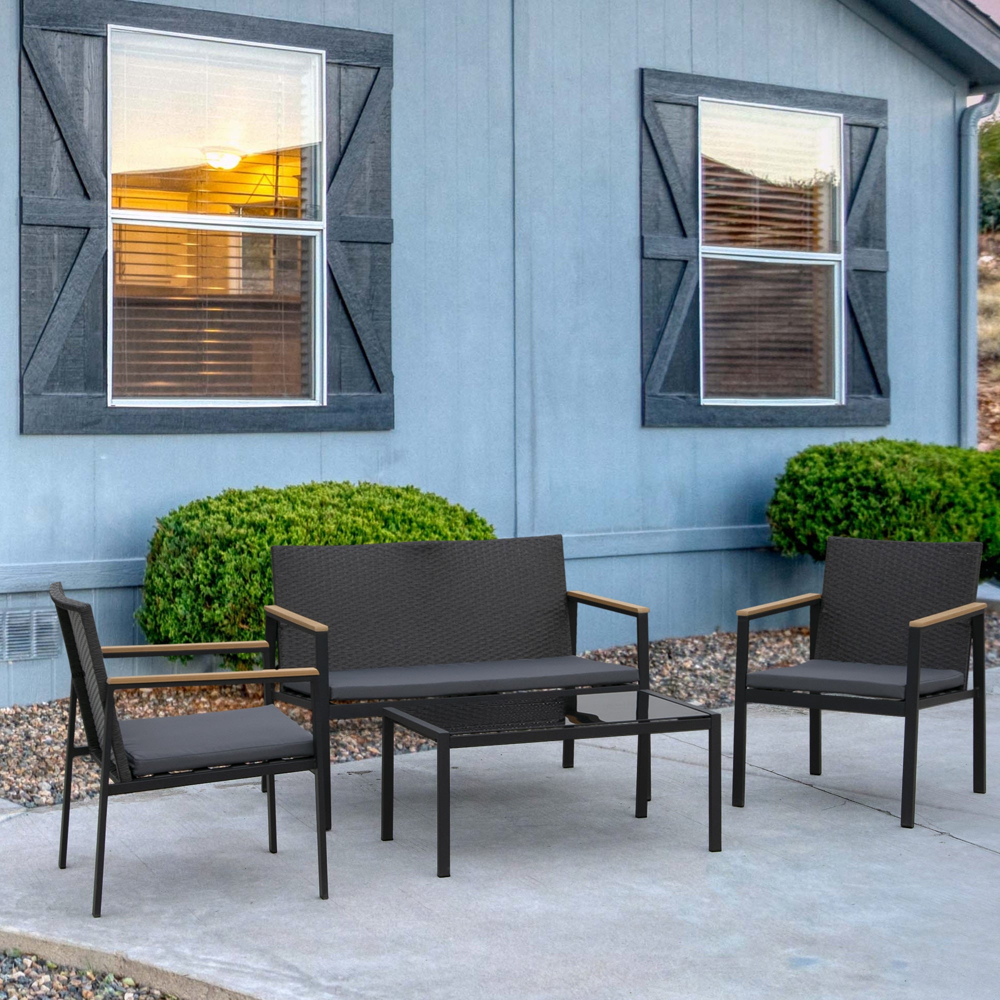 4-Piece Rattan Patio Furniture Set with Cushions Black-DECOROLALA