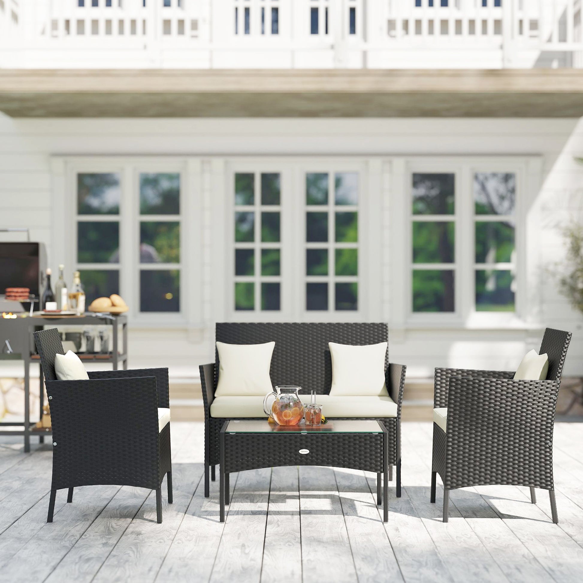 4-Piece Rattan Patio Set - Black & Cream-DECOROLALA