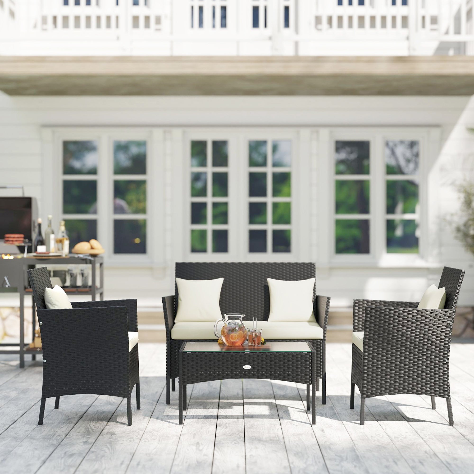 4-Piece Rattan Patio Set - Black & Cream-DECOROLALA
