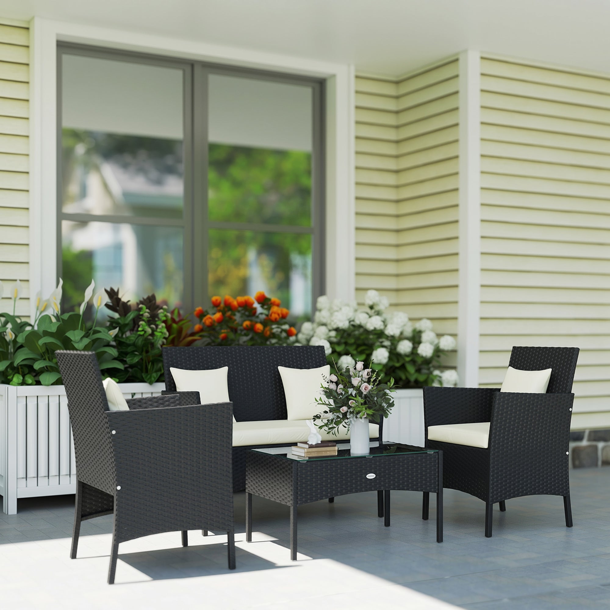 4-Piece Rattan Patio Set - Black & Cream-DECOROLALA