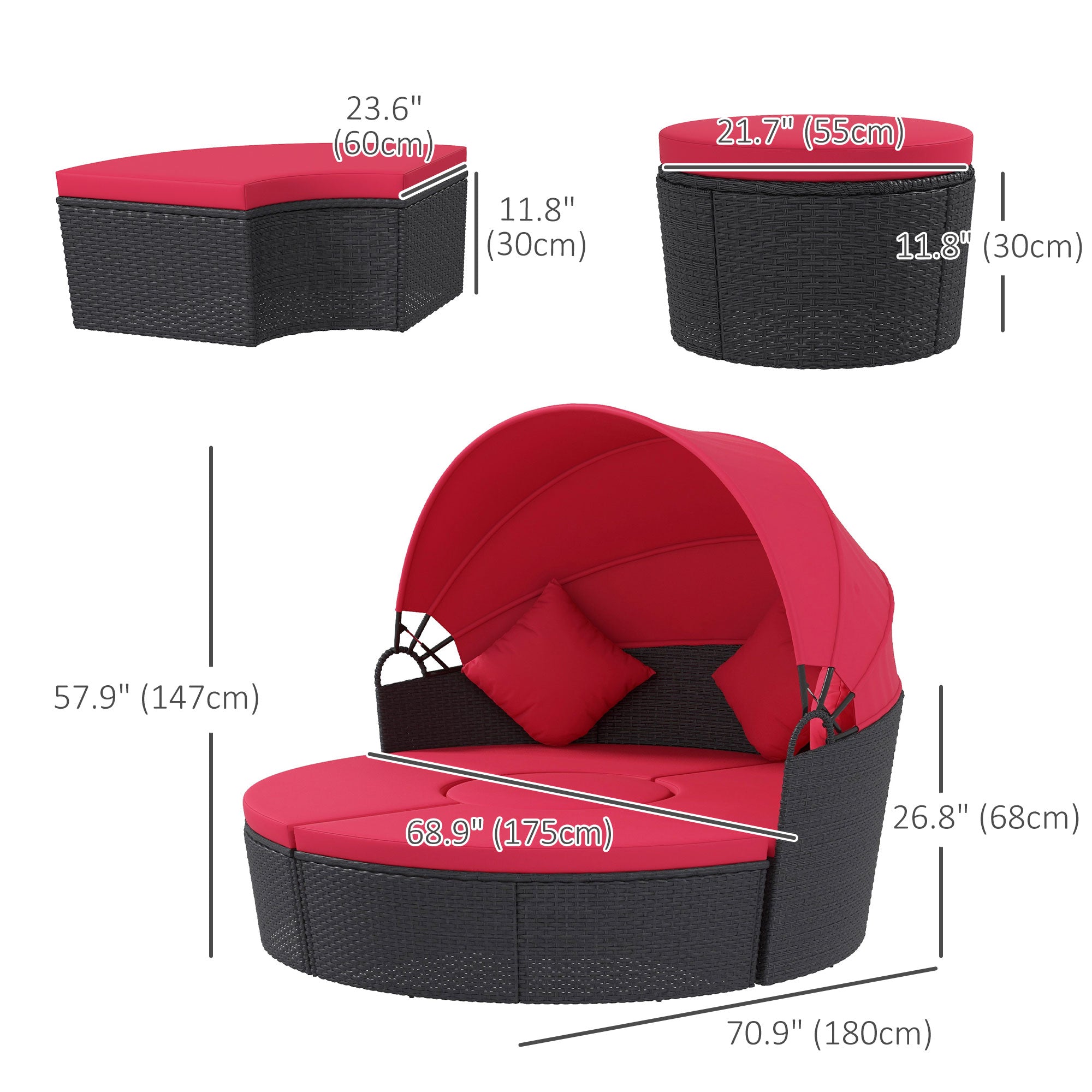 4-Piece Round Sofa Bed Outdoor Daybed Black Red-DECOROLALA