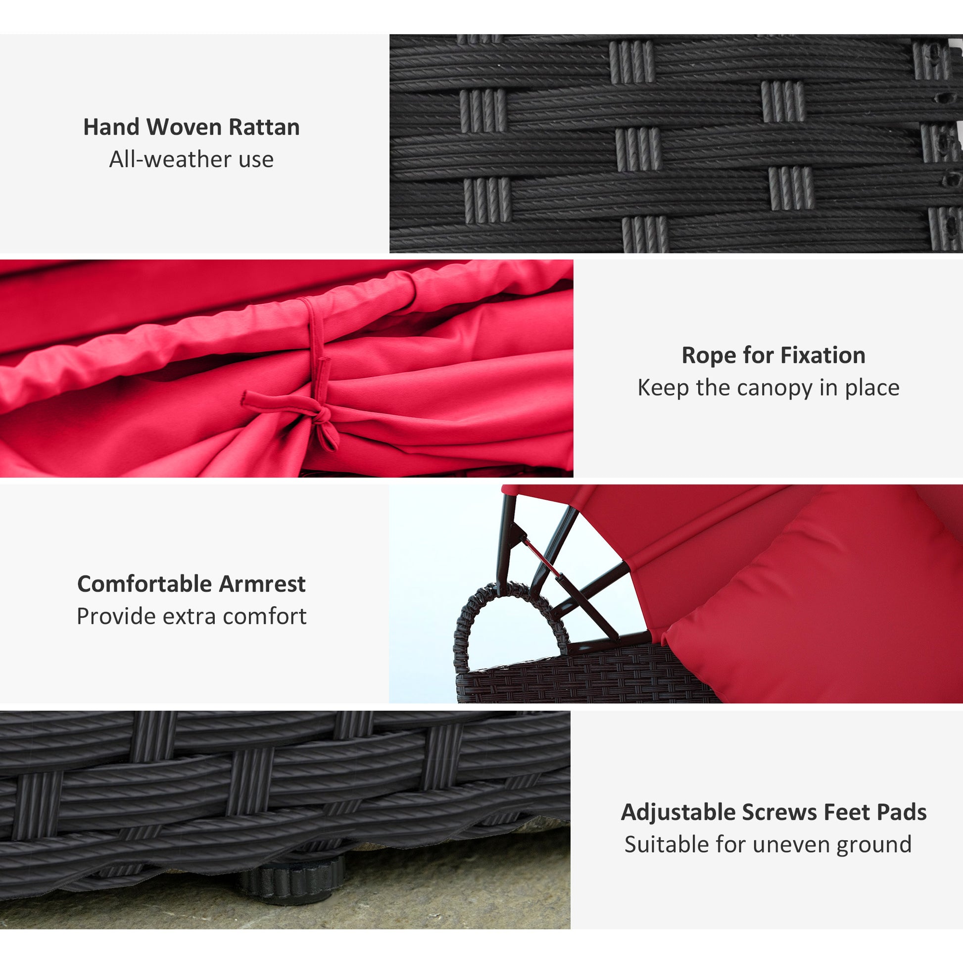 4-Piece Round Sofa Bed Outdoor Daybed Black Red-DECOROLALA