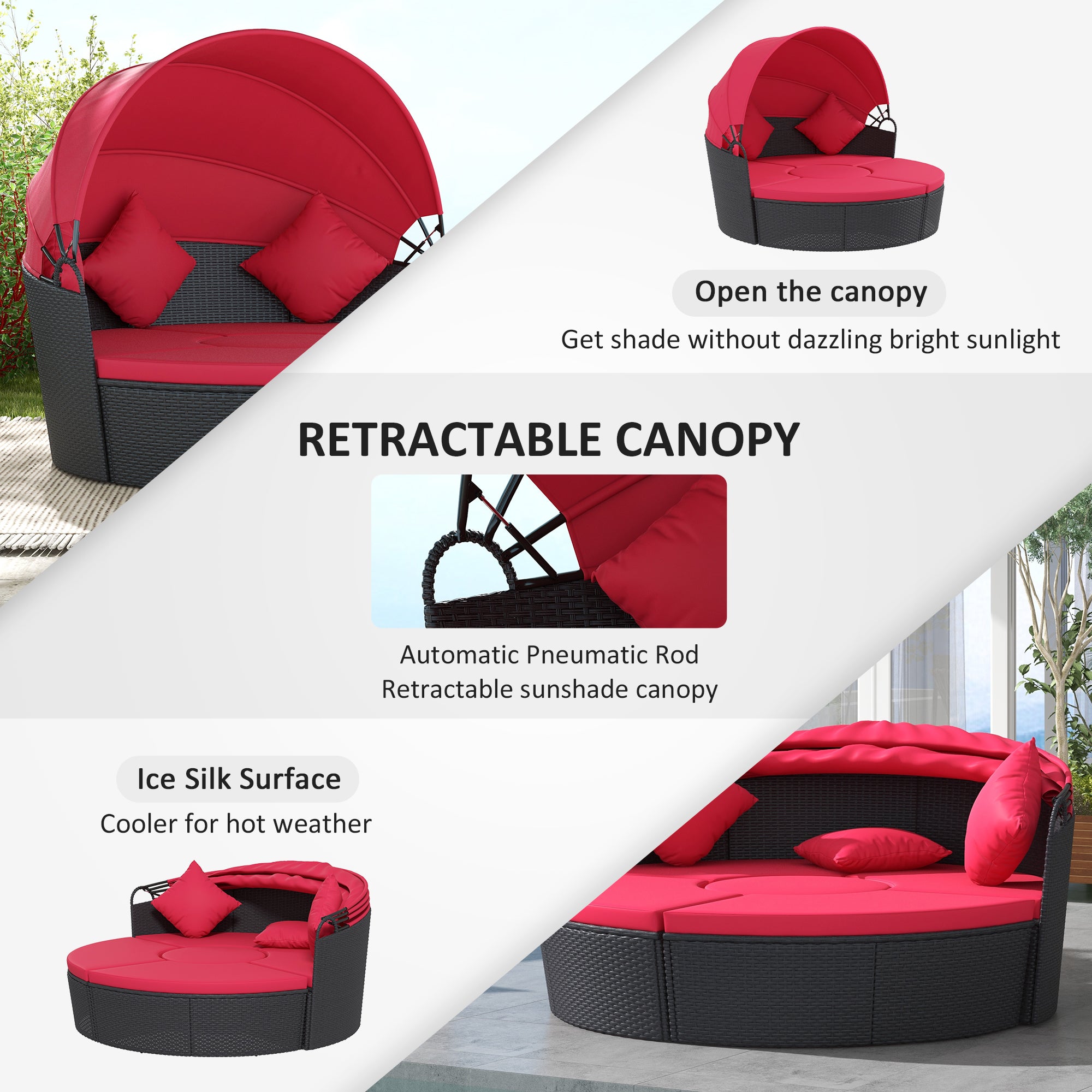 4-Piece Round Sofa Bed Outdoor Daybed Black Red-DECOROLALA