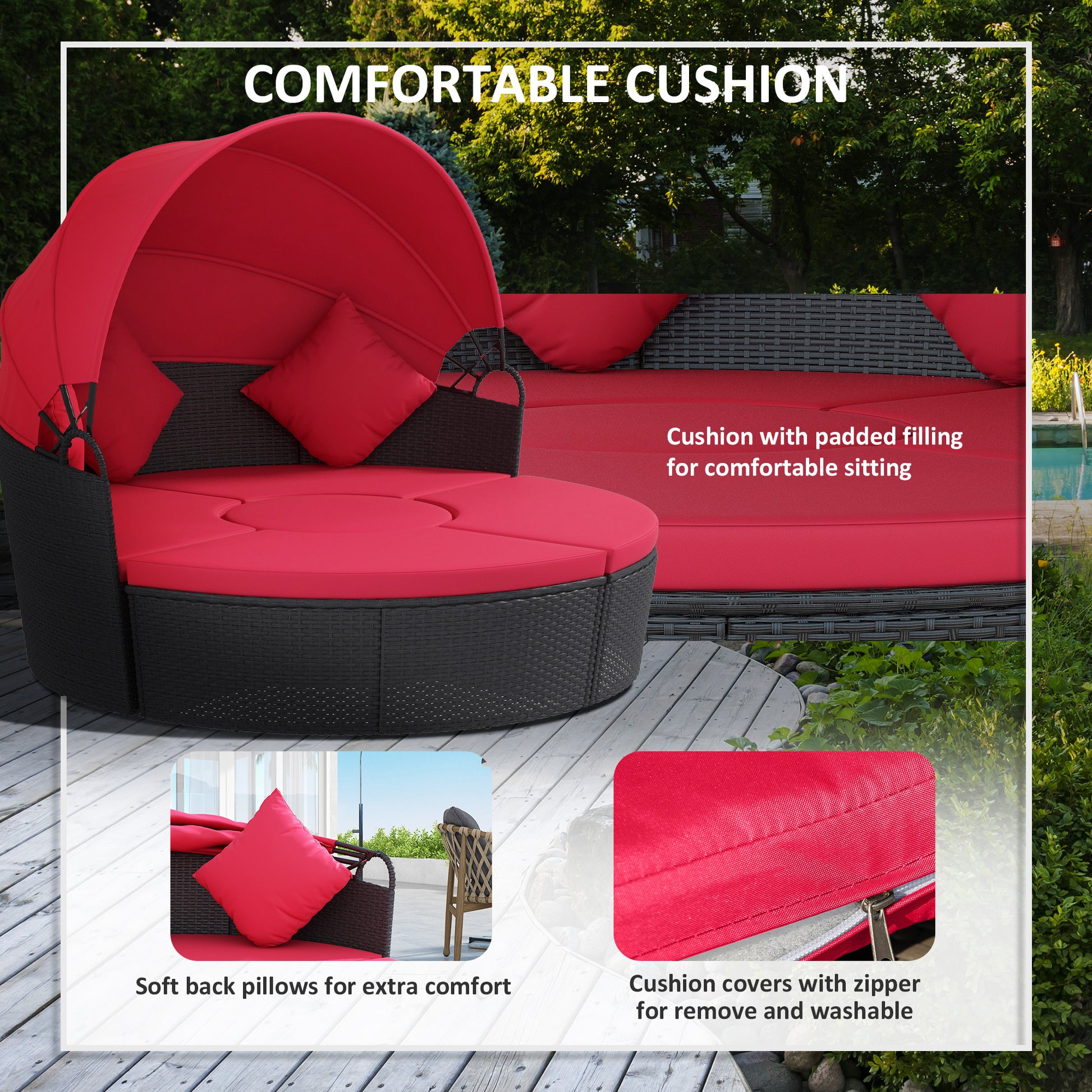 4-Piece Round Sofa Bed Outdoor Daybed Black Red-DECOROLALA
