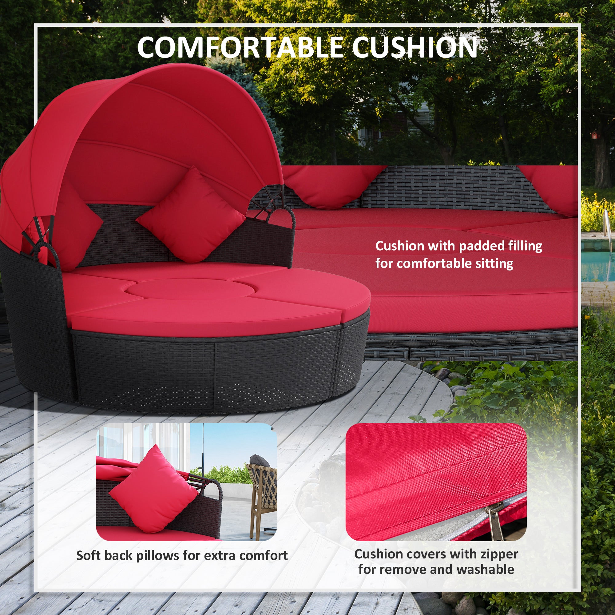 4-Piece Round Sofa Bed Outdoor Daybed Black Red-DECOROLALA