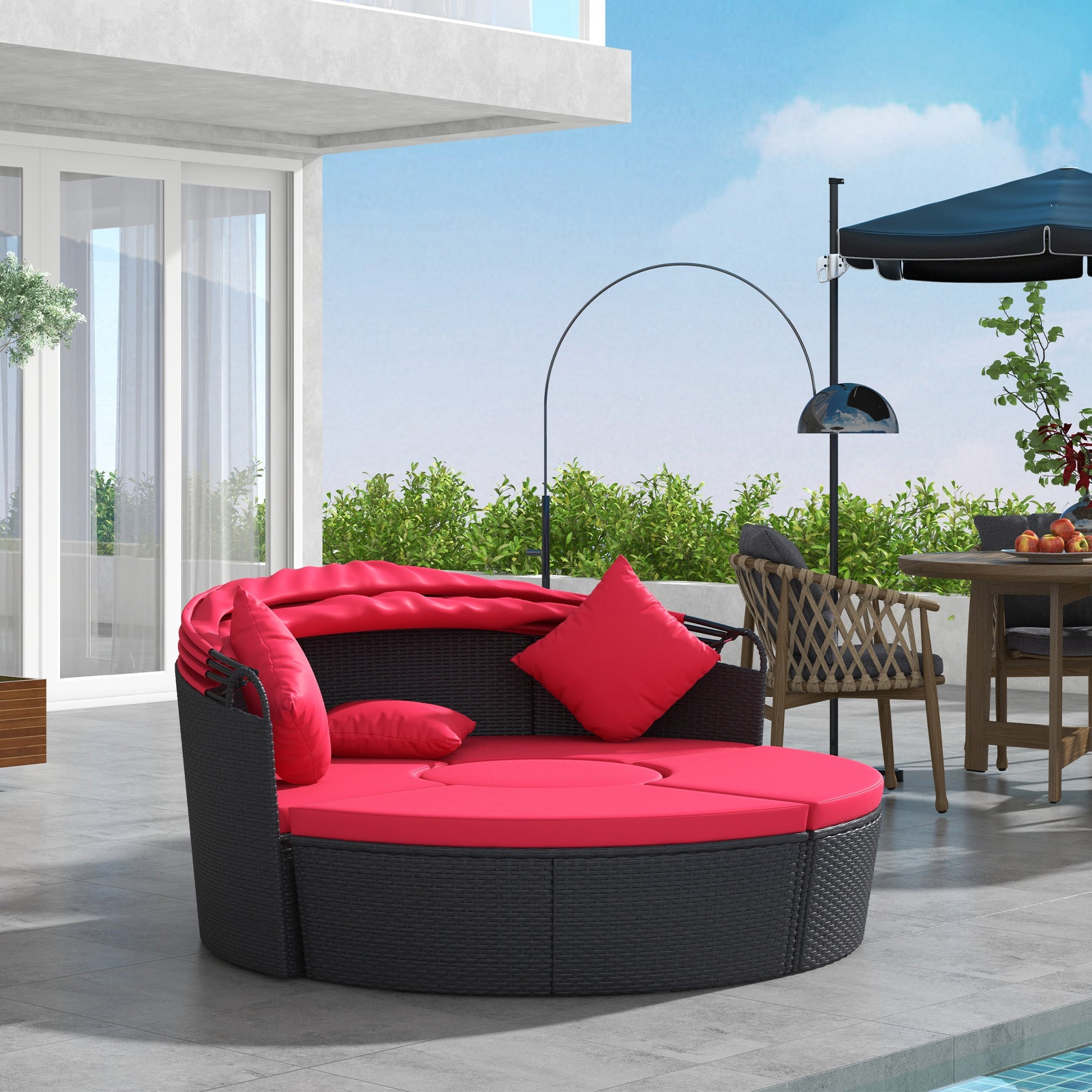 4-Piece Round Sofa Bed Outdoor Daybed Black Red-DECOROLALA